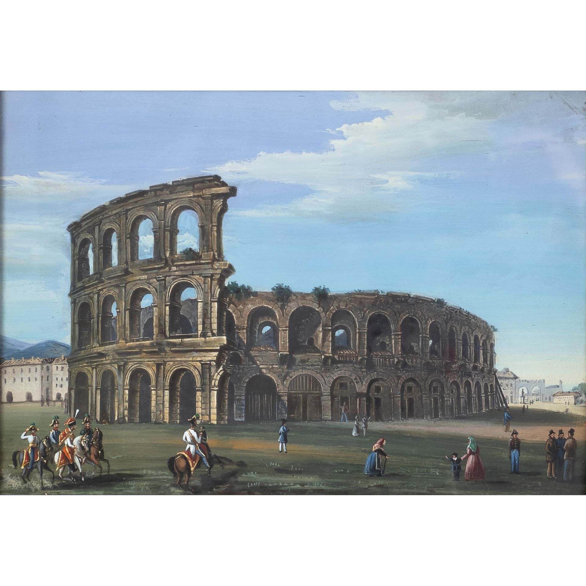 Roman painter 19th century 17x25 cm. "有人物的斗兽场景观"，钢笔画水彩，有框架
