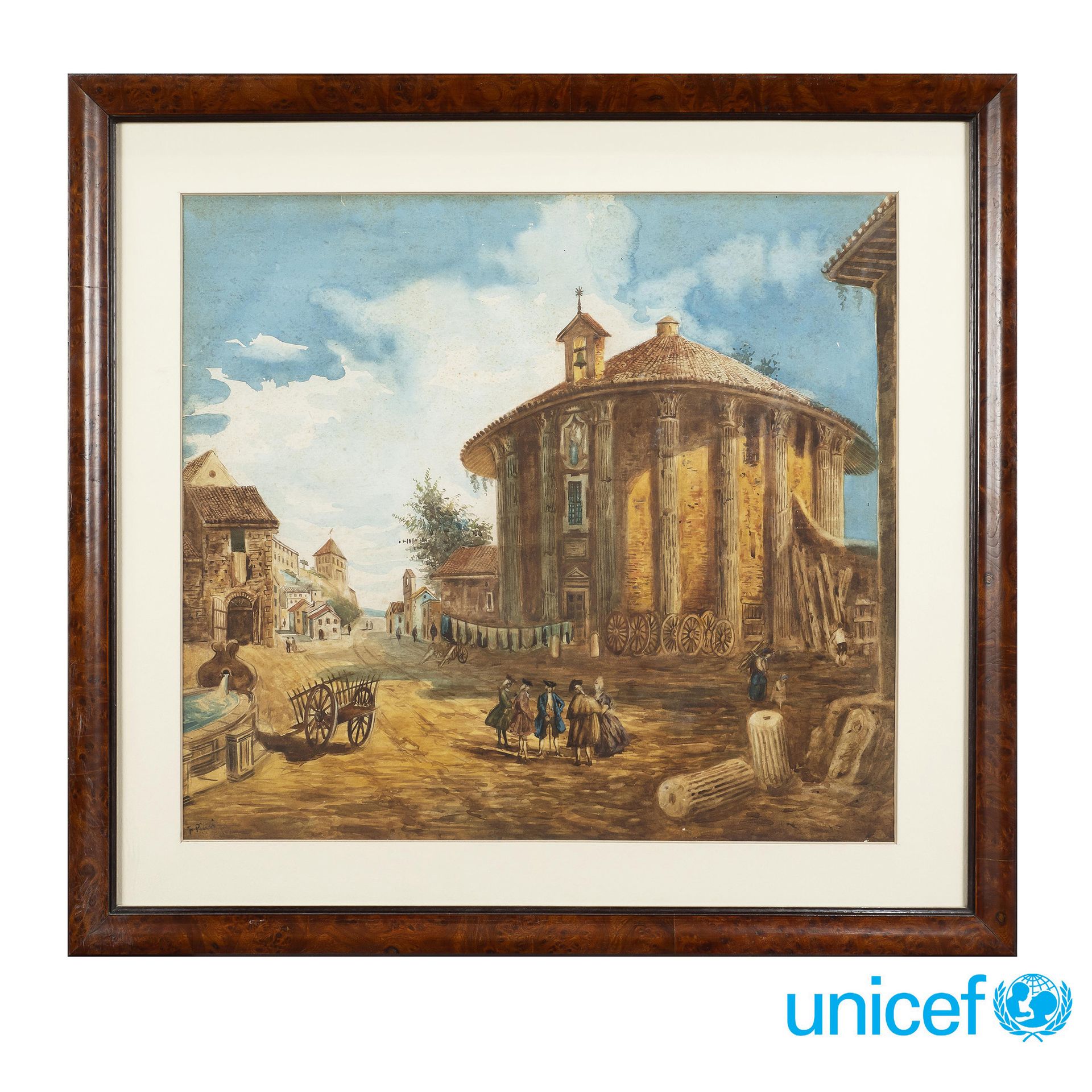 F. Pinci Italy, 19th-20th century 43,5x48,5 cm. "有人物的废墟"，水彩，左下角有签名，带框，有轻微缺陷