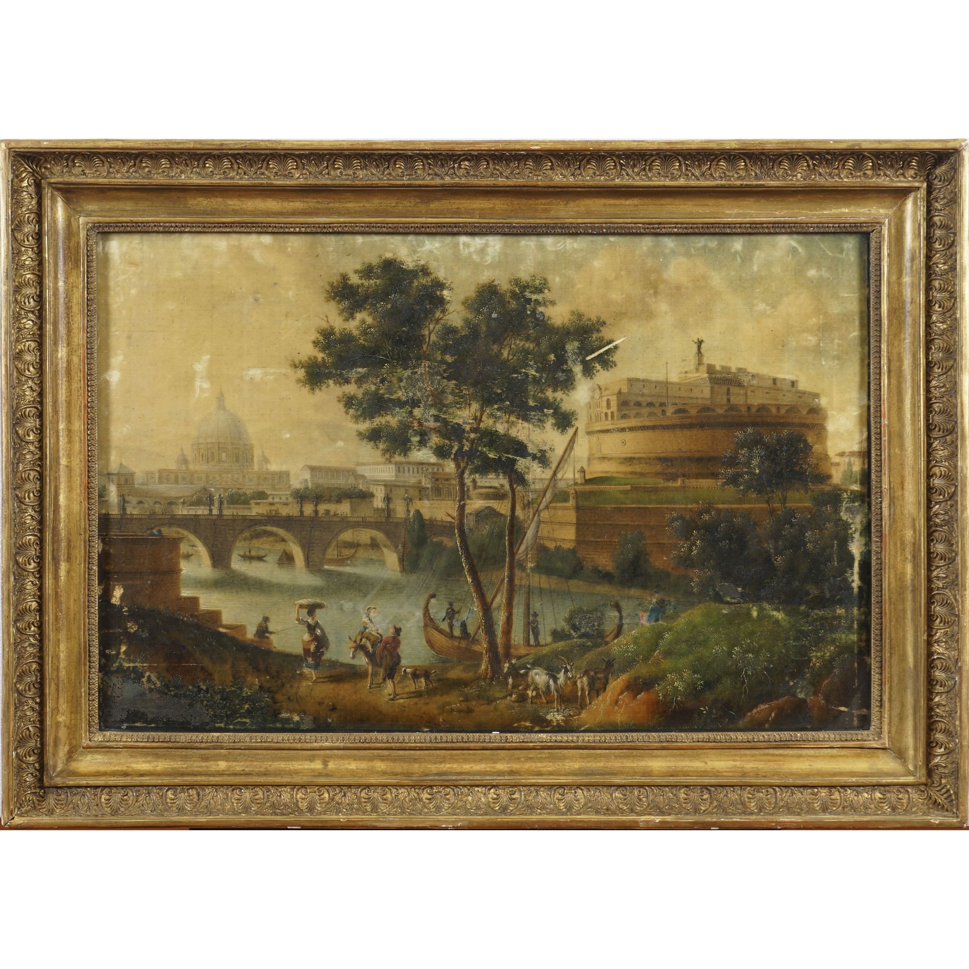Roman painter XIX Century 56x84 cm "Blick auf die Engelsburg", Gemälde auf Stoff&hellip;