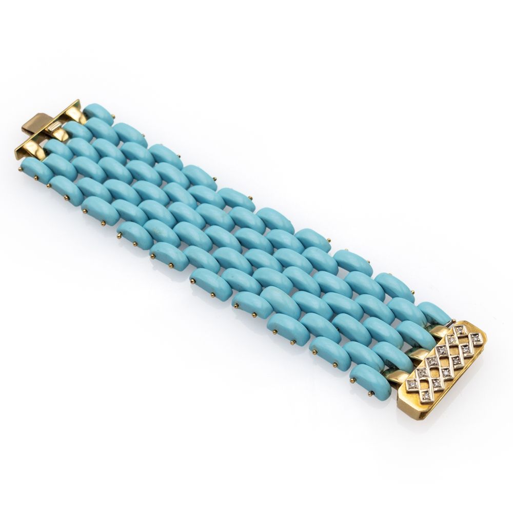 Band bracelet with turquoise paste segments 重81克，由18K黄金和约0.20克拉的Huit Huit切割钻石的链接&hellip;