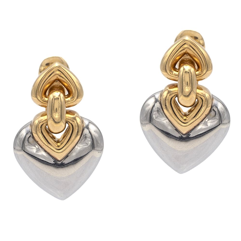 Bulgari, double heart pendant earrings 签名，重31克，18K黄金和钢，长3厘米，带盒子