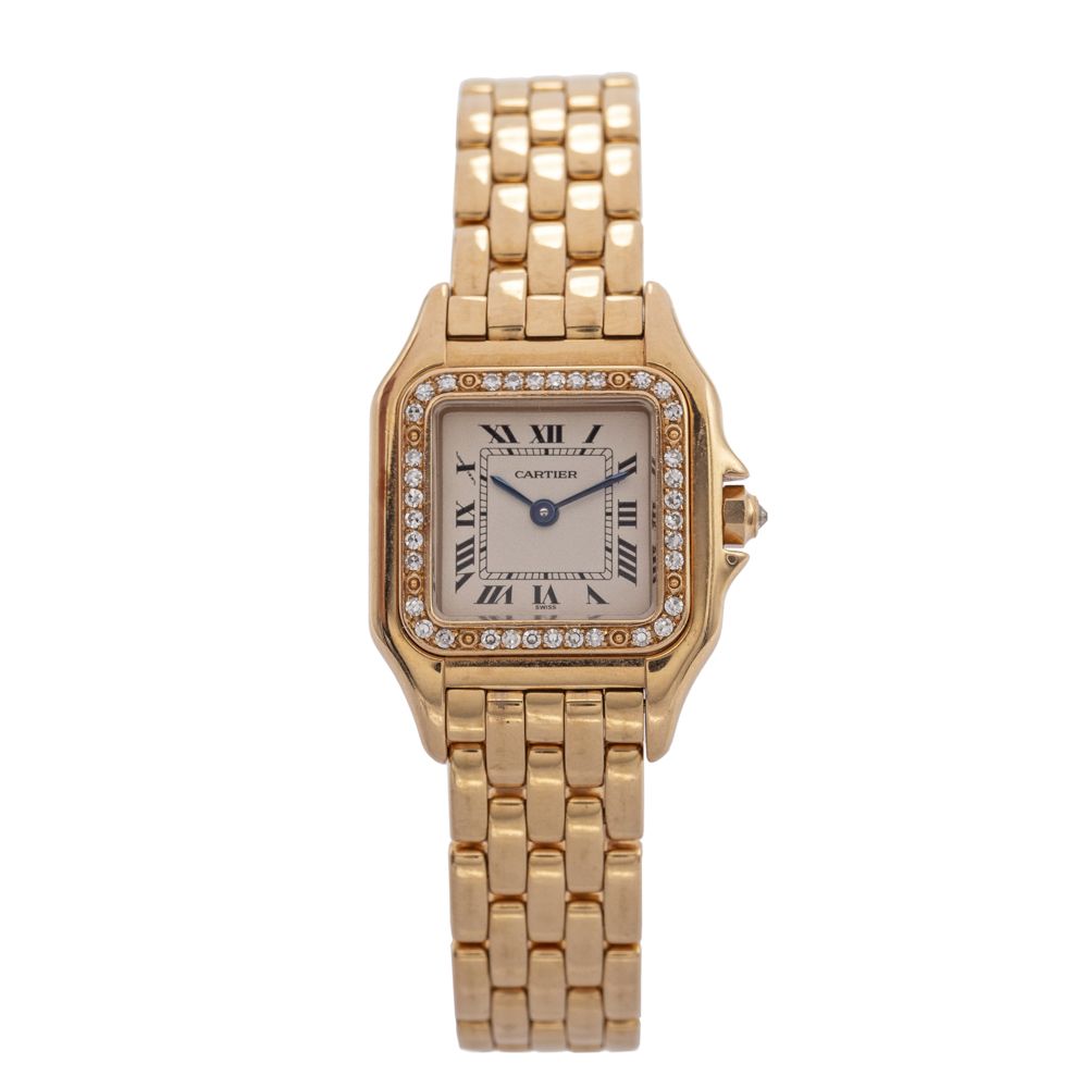 Cartier Panthère, ladies watch 1990年左右，重量为69克，18K黄金，carré表壳，镶嵌22x30毫米的明亮式切割钻石。Re&hellip;