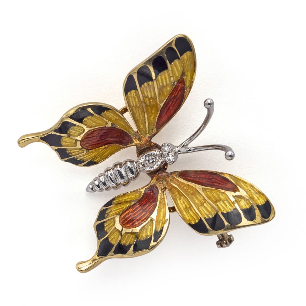 18kt yellow gold, polychrome enamels and diamonds Butterfly brooch Gewicht 9 gr.&hellip;