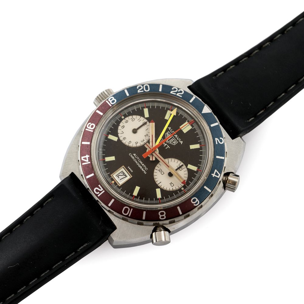 Tag Heuer Autavia GMT, chronograph wristwatch 约1970年，精钢材质，42毫米圆形表壳。黑色表盘带刻度，两个辅助白&hellip;