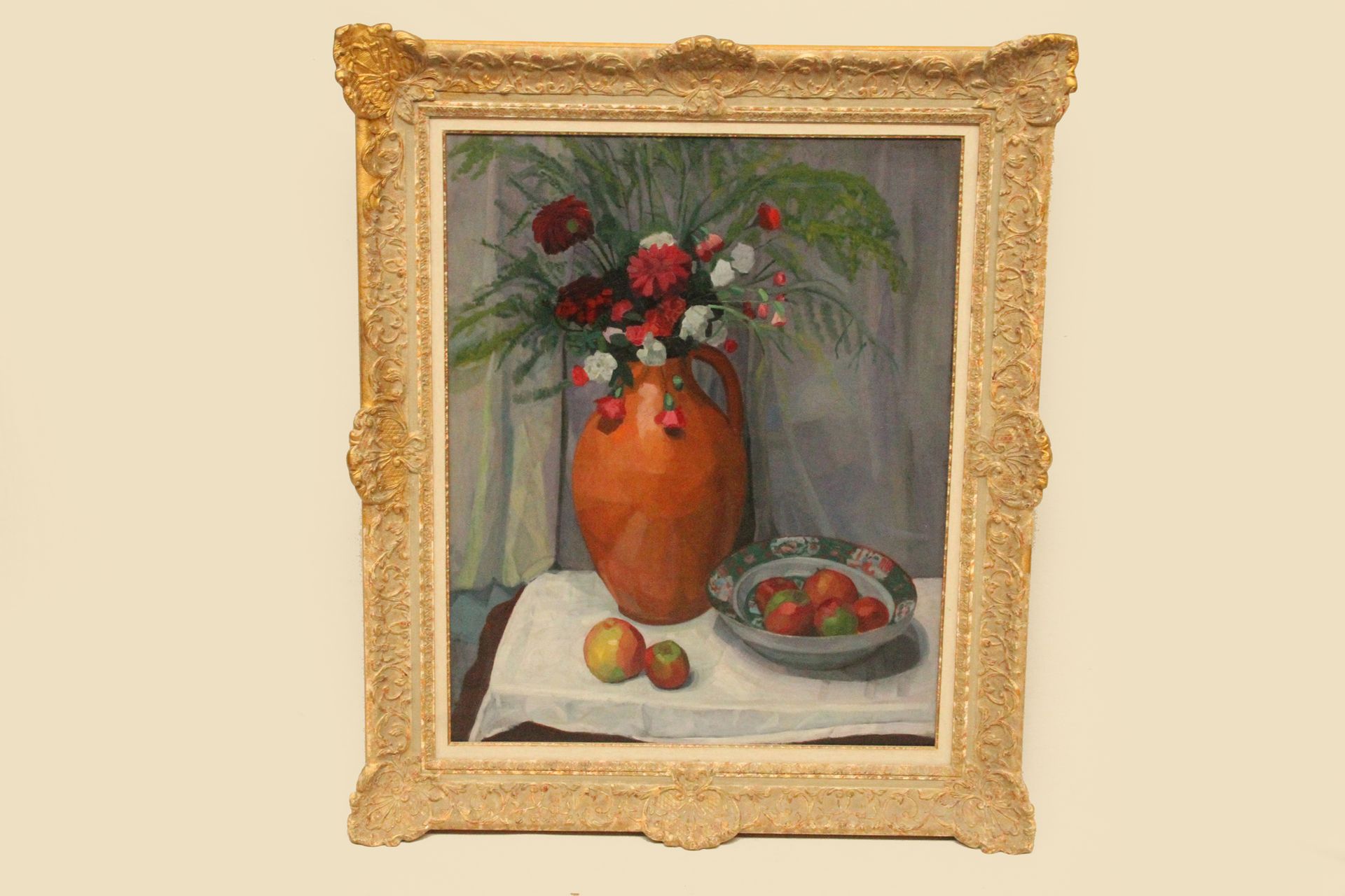 Null 弗朗西斯-史密斯(1881-1961)帆布油画，右上角签有 "花和水果在框架上 "100 x 81厘米(作品在艺术家的孙子让-路易斯-梅纳德的档案中得&hellip;