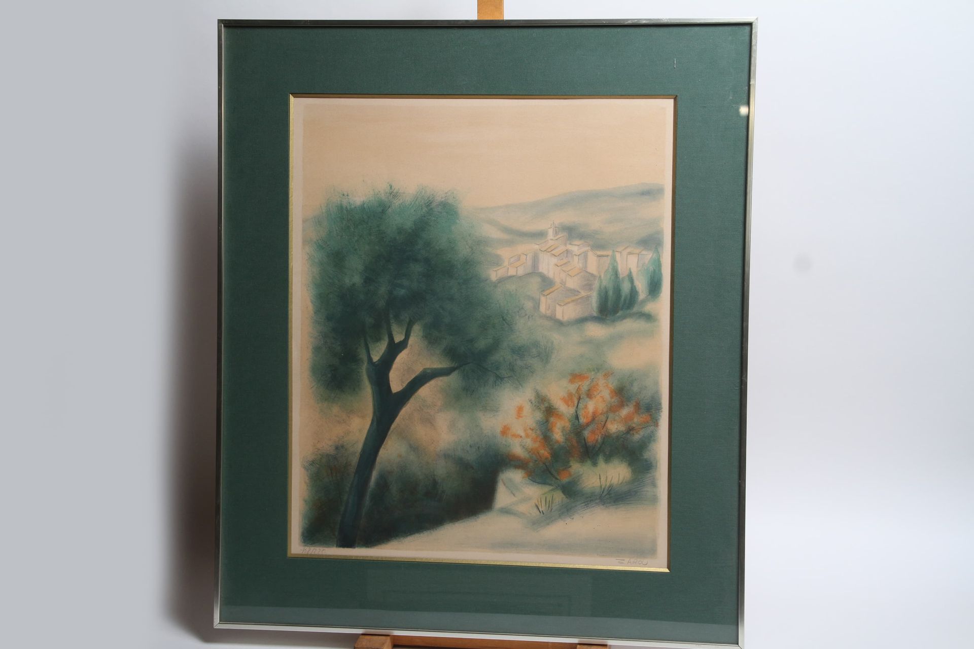 Null 扎鲁（1930-2013） 石墨画 N°168/225 "山丘上的村庄风景" 48 x 58 cm A VUE
