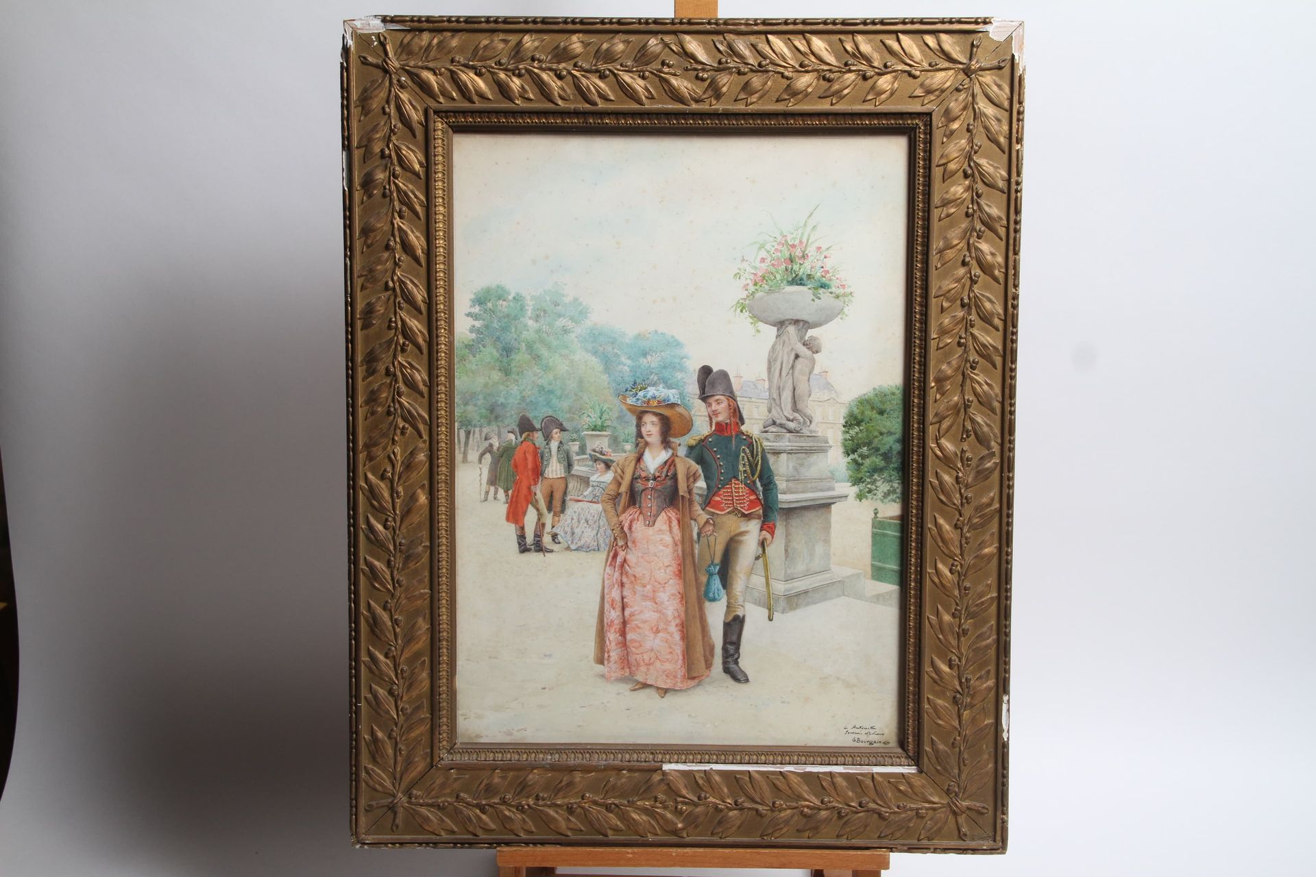 Null Gustave BOURGAIN (1856-1918) 素描右下方有签名，并有 "卢森博格花园里的夫妇 "的字样 34 x 46 cm