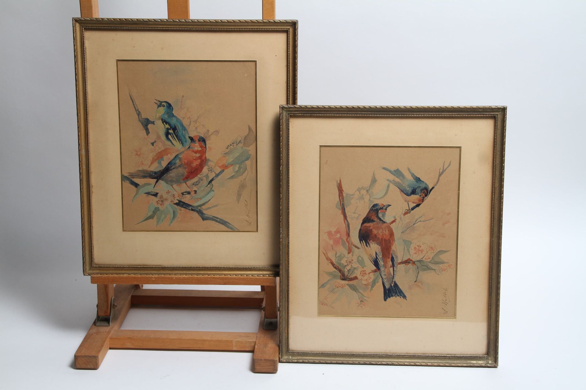 Null L. MALLET，两幅水彩画，右下角有签名 "LES OISEAUX" 21 x 27 cm