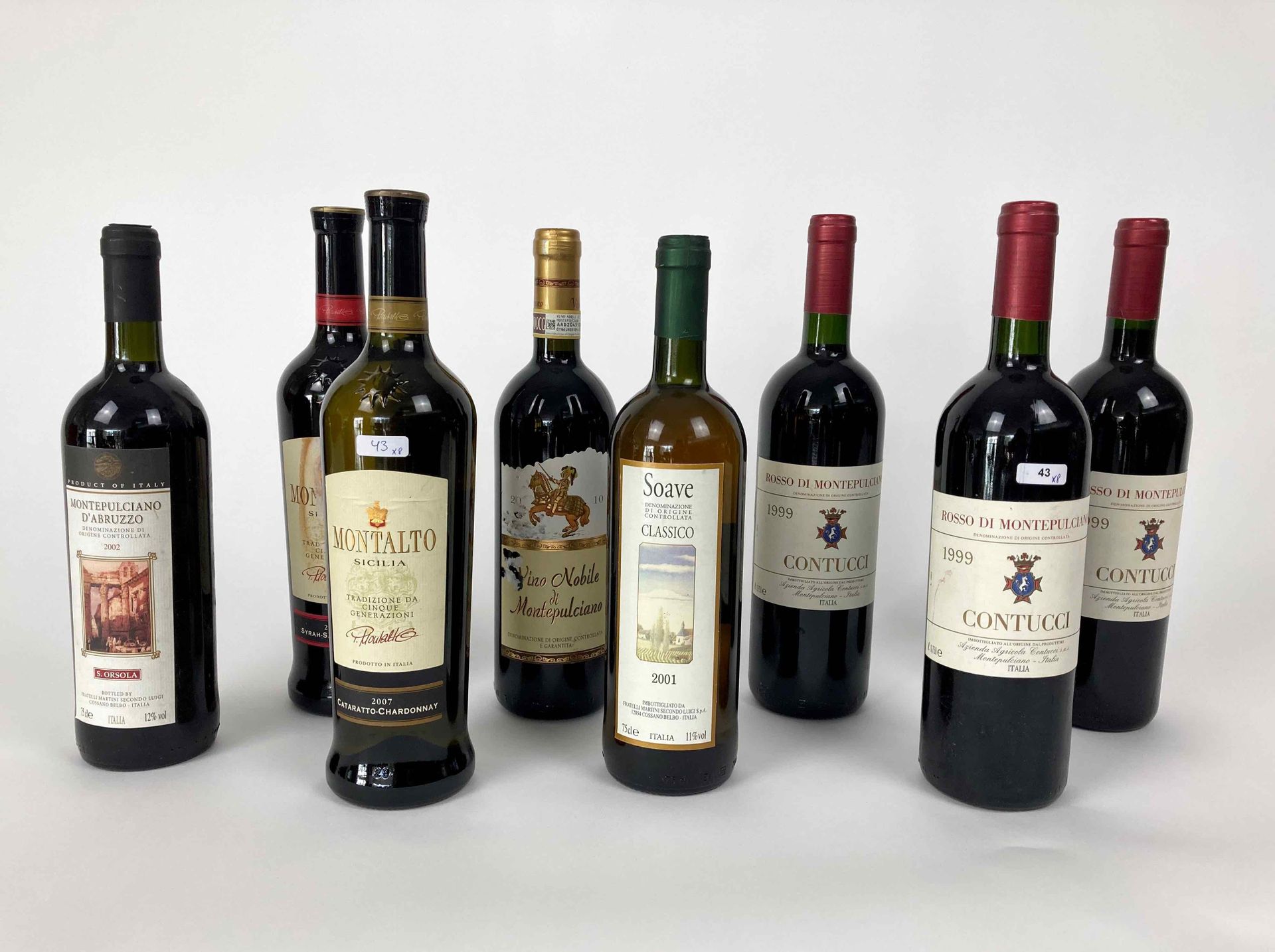 ITALIE Lot de huit bouteilles :

- Contucci - Rosso di Montepulciano 1999 (rouge&hellip;