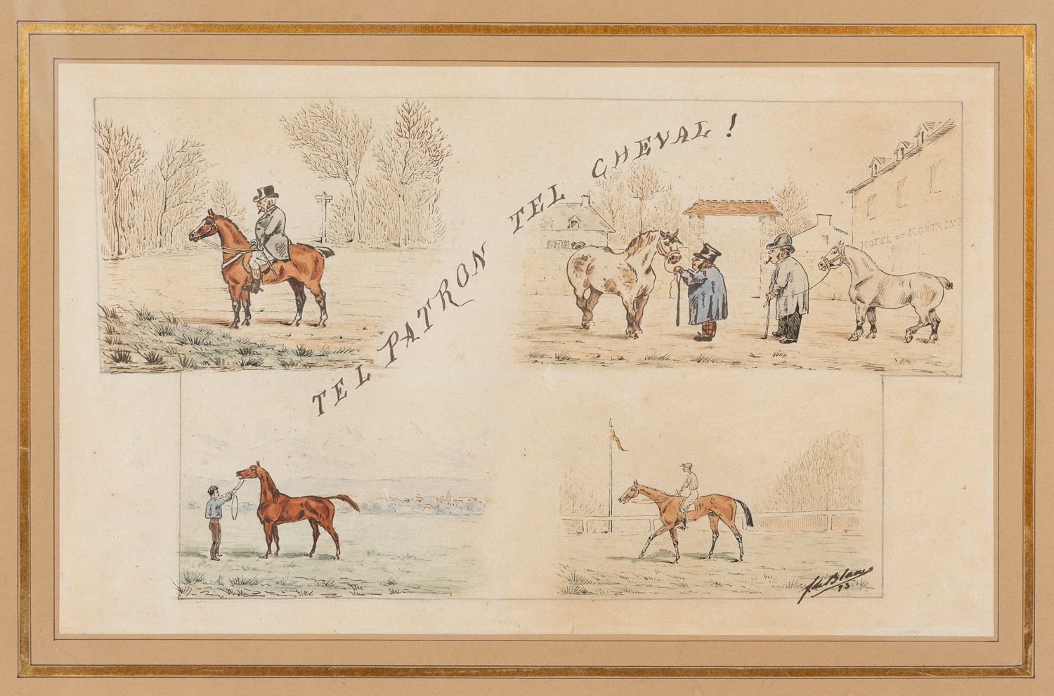 Null F. De BLANIS (19-XX世纪)

"像老板，像马", 93

钢笔、墨水和水彩画。

右下方有签名。

21 x 34 厘米