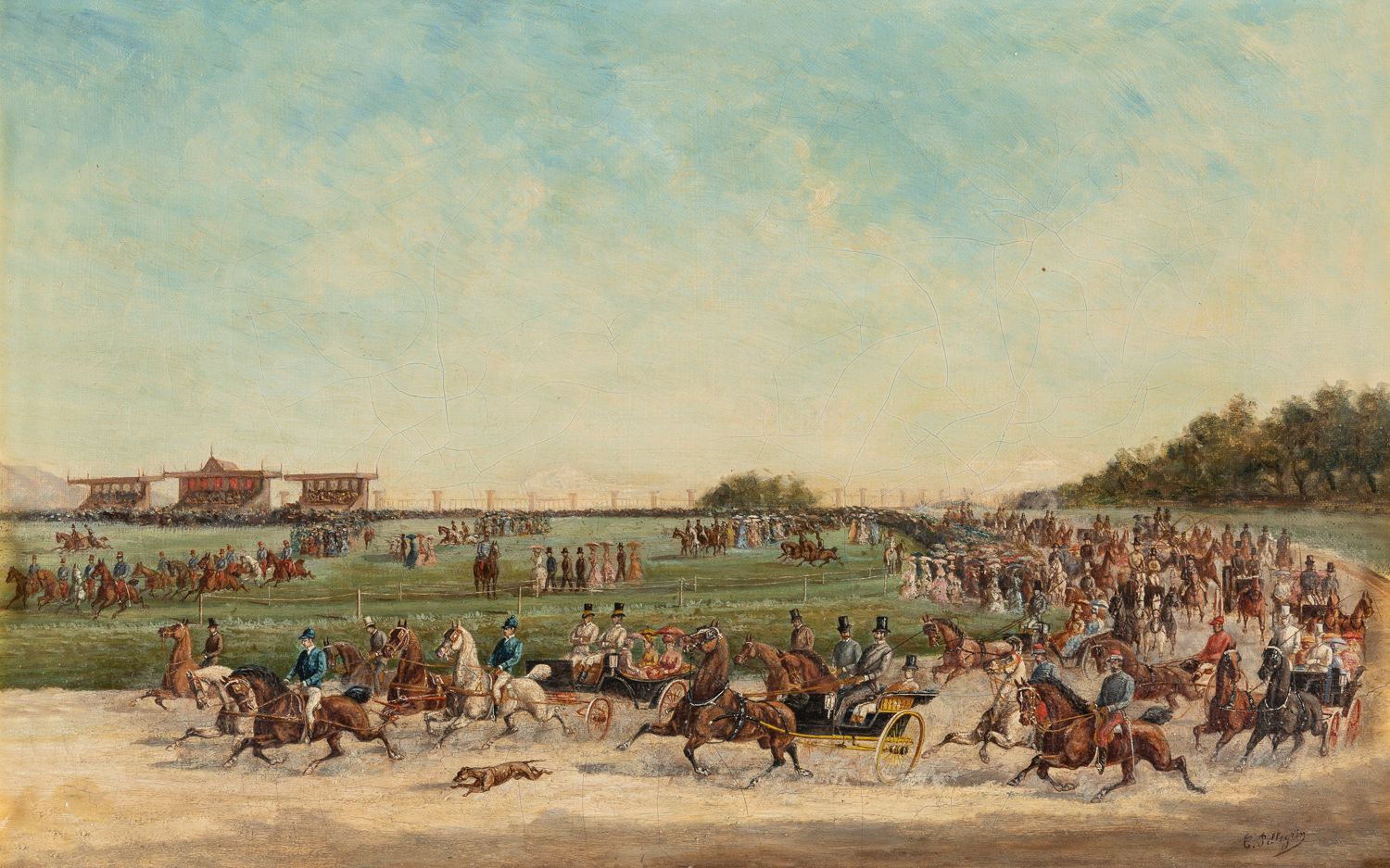 Null PELLEGRIN (20世纪)

马车抵达赛马场。

布面油画。

右下方有签名。

34 x 54 cm