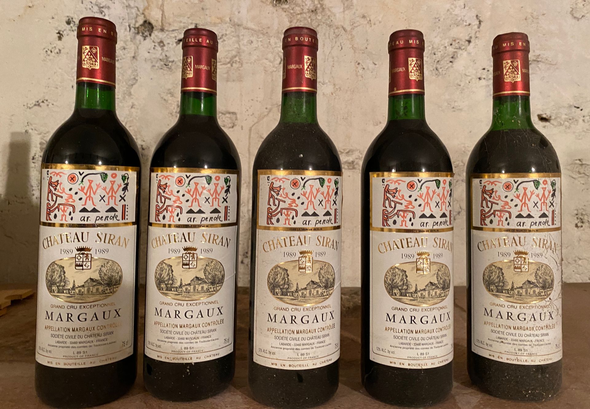 Null 5瓶 Château SIRAN - Margaux 1989 略有污渍的标签，水平略低。