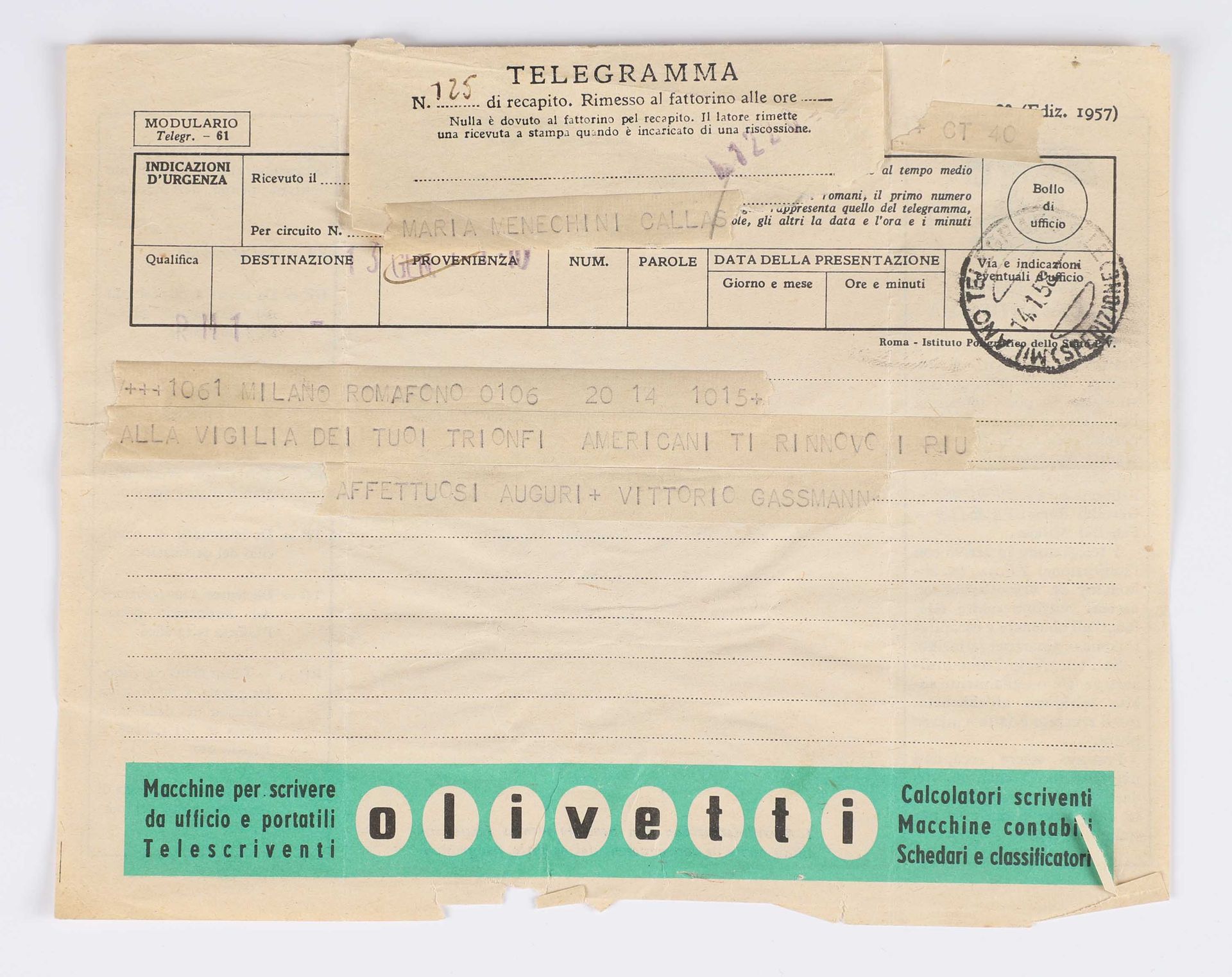 Null Maria CALLAS (1923 - 1977) ;
Vittorio GASSMAN (1922 - 2000)
Telegrama envia&hellip;