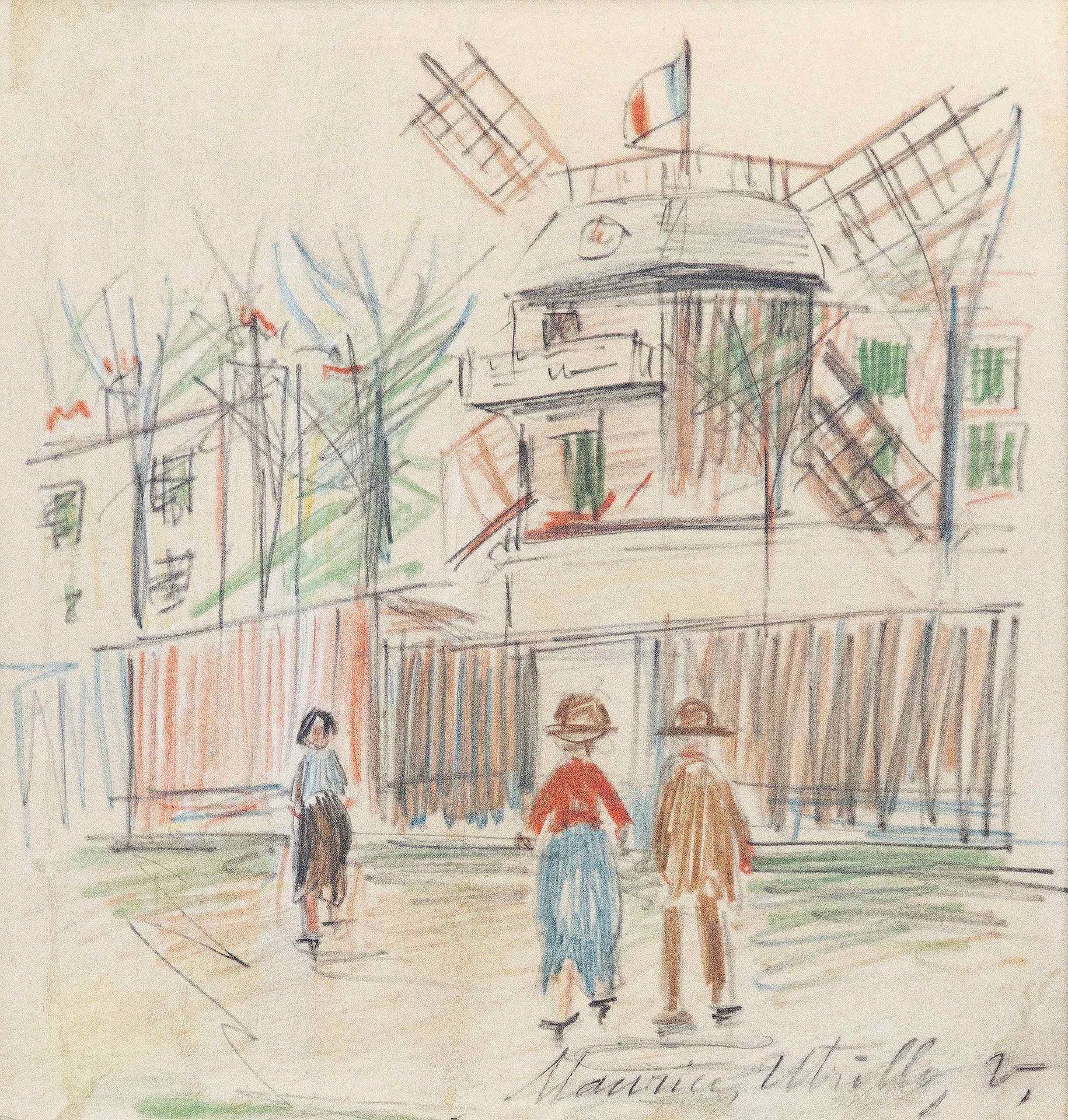 Null 莫里斯-乌蒂略 (1883 - 1955)
加列特的磨坊（Moulin de la Galette）、
蒙马特
纸上彩色铅笔。
右下方有签名。
背面有&hellip;