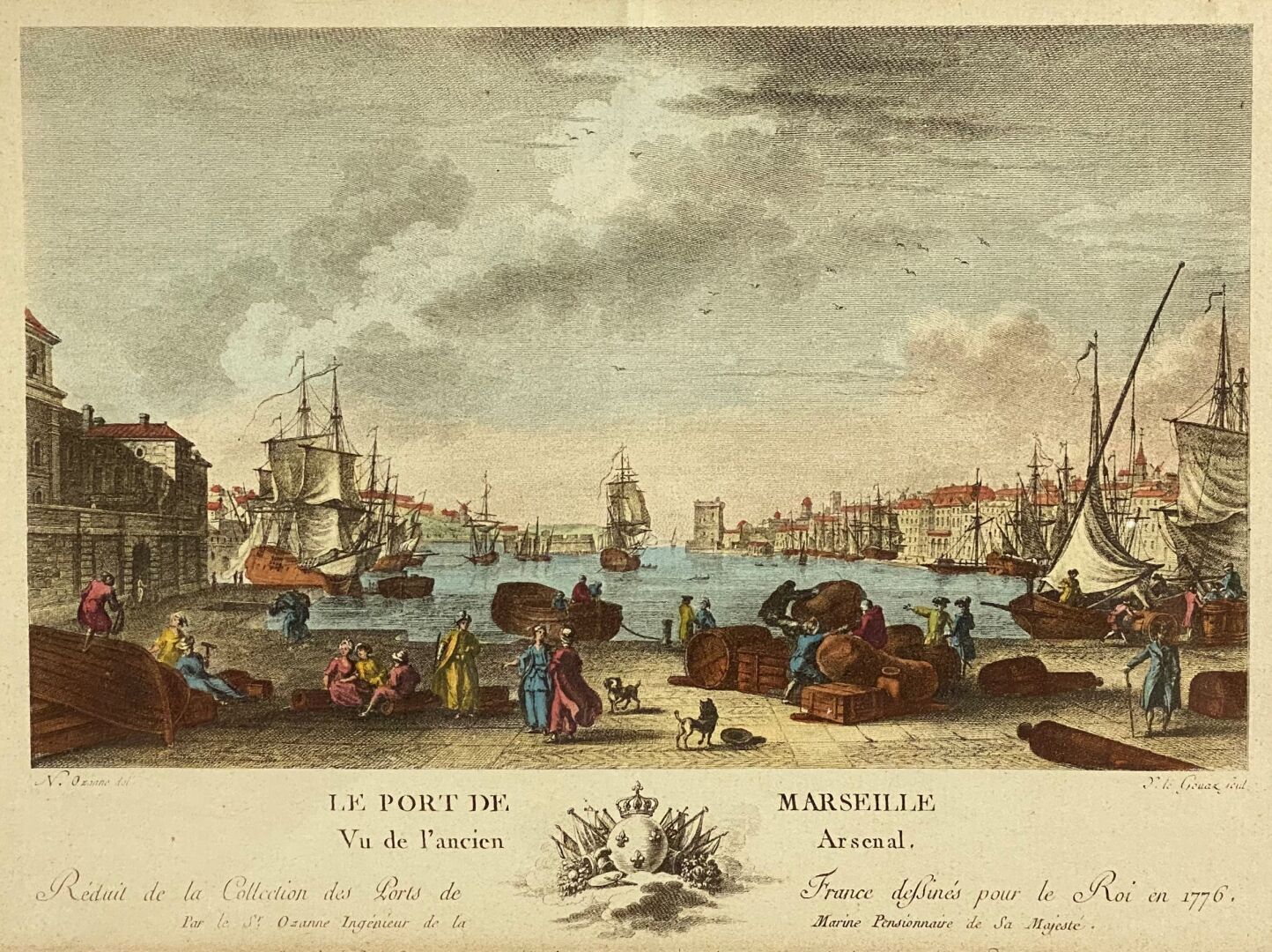 Null Gravure en couleur Le port de Marseille et gravure rehaussée Coiffure à l'a&hellip;