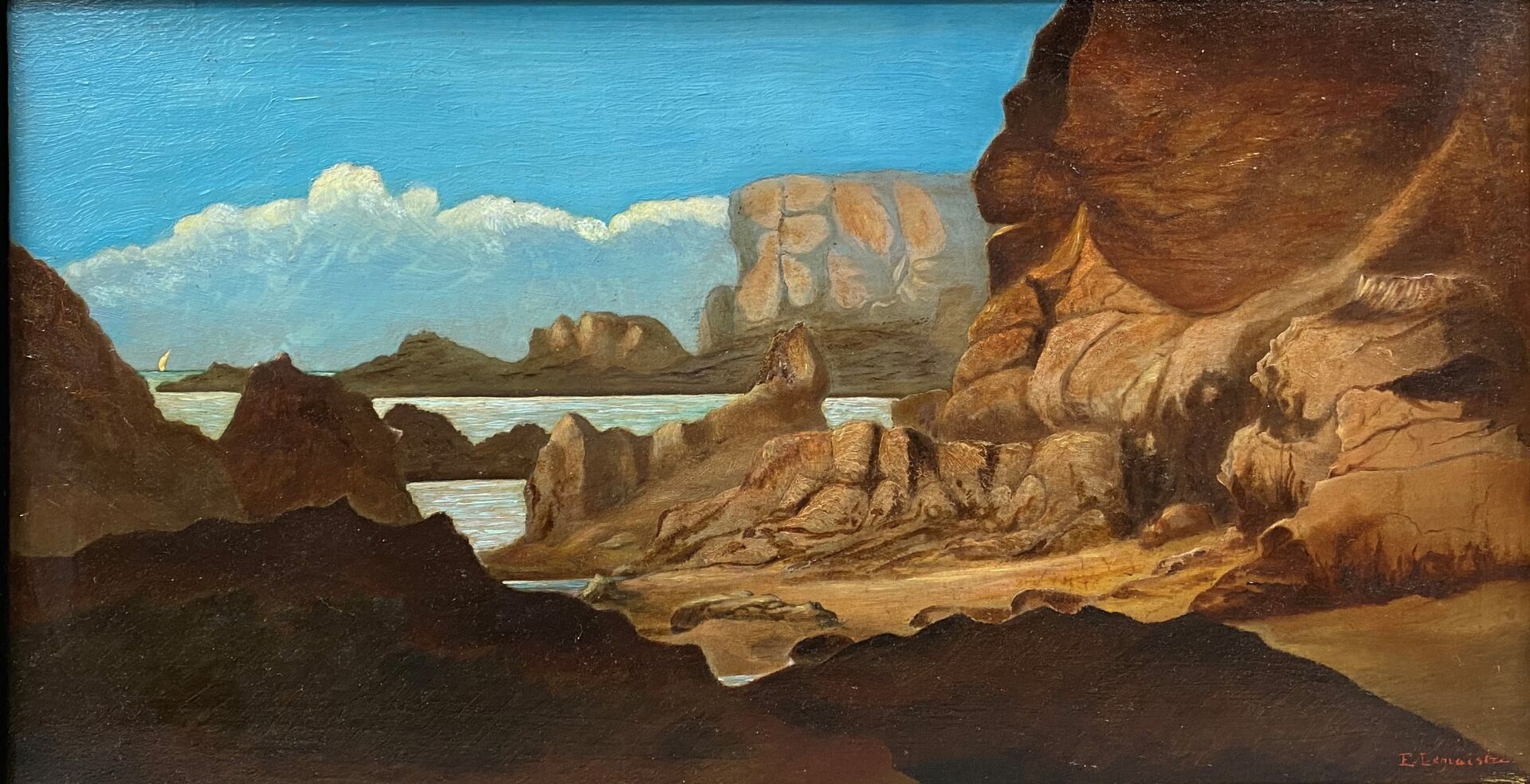 Null E.LEMAISTRE (20)

在彭沙托的岩石上，勒普利根

板面油画，右下角有签名

背面有标题，日期为1902年

30 x 54 cm