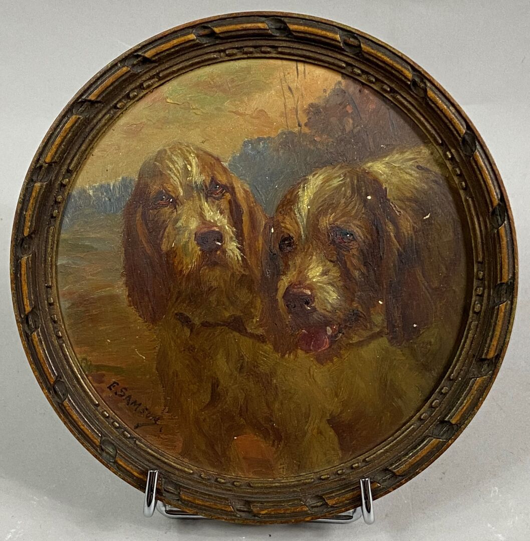 Null E. SAMSON

Zwei Hunde auf der Jagd

Kleines Gemälde in runder Form auf Kart&hellip;