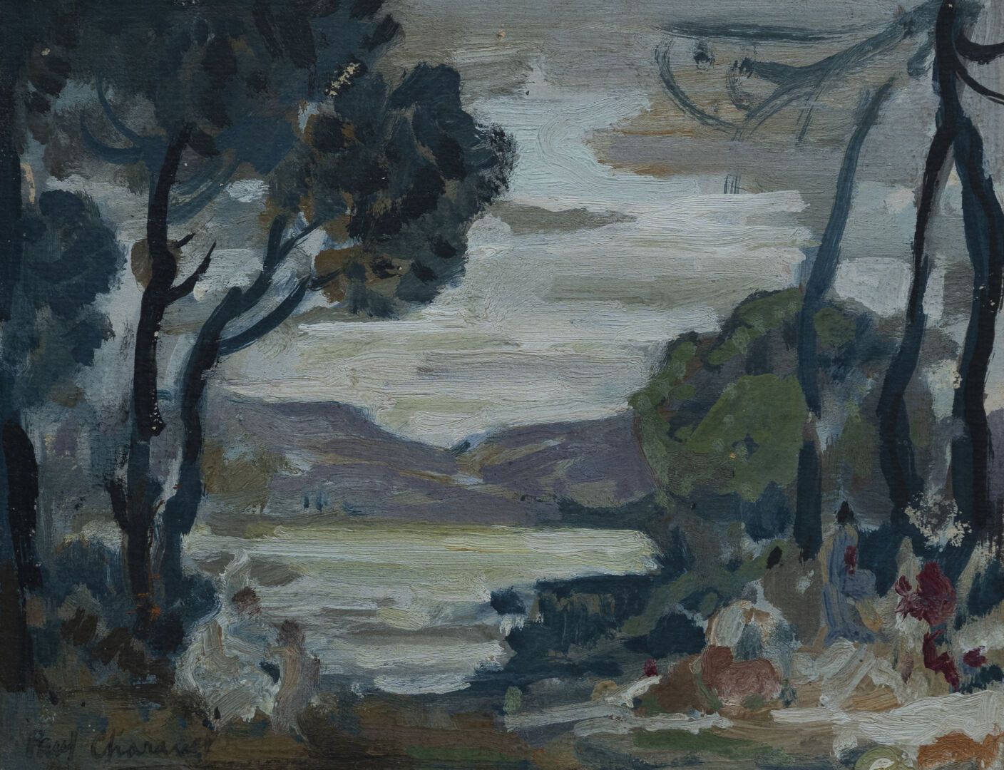 Null Paul CHARAVEL (1877-1961)

湖泊景观中的动画场景

布面油画，左下角有签名

16 x 20厘米