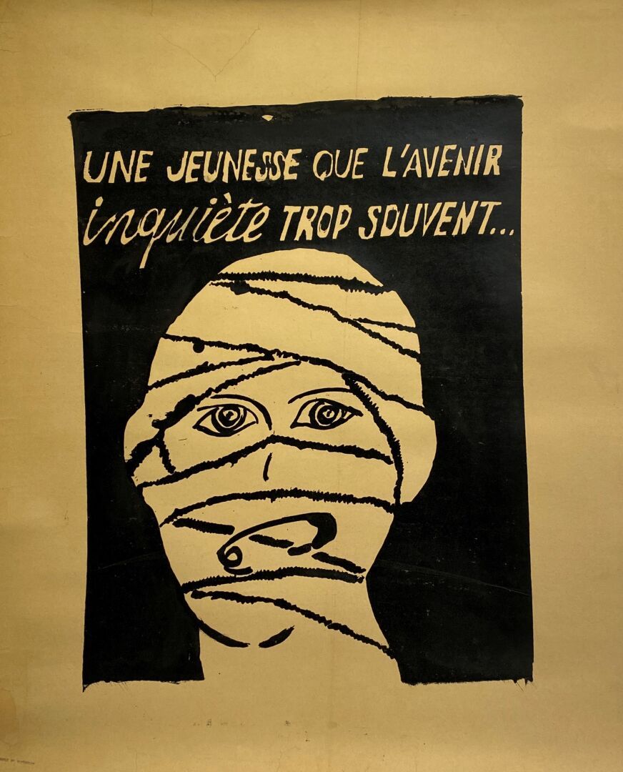 Null 5月68日的帆布海报 "未来经常担心的青年......"。

黑色丝印

86,5 x 73