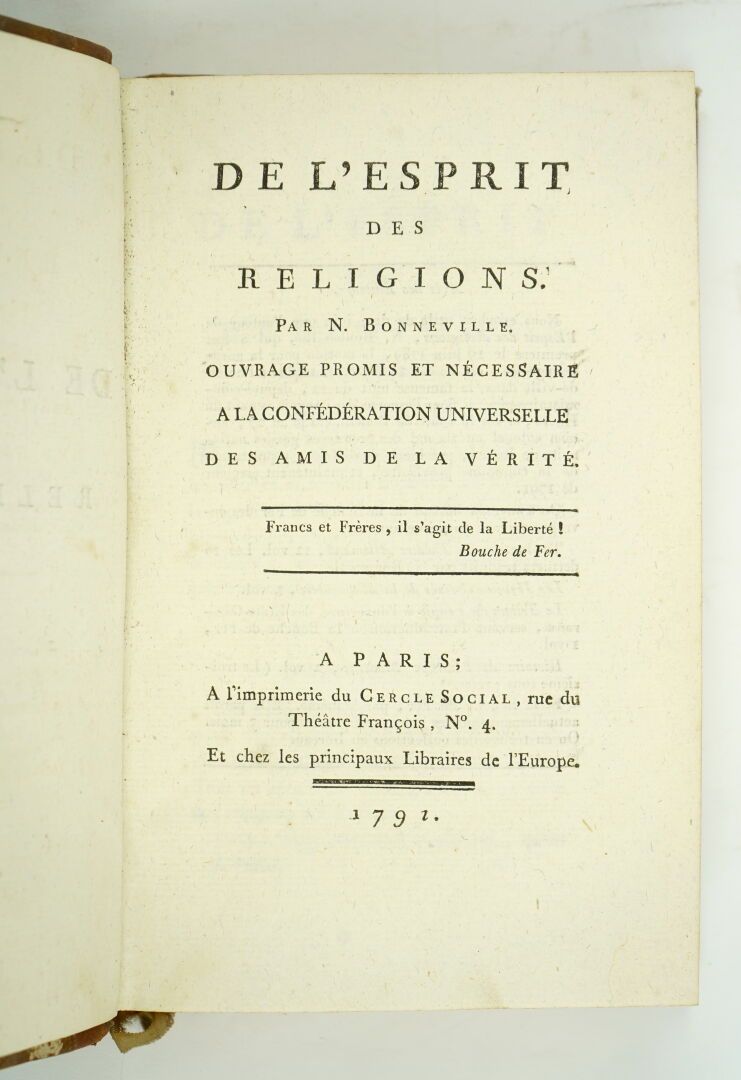 Null 邦纳维勒（尼古拉-德）。De l'Esprit des religions.为真理的朋友们普遍考虑的一项承诺和必要的工作。巴黎，社交圈的印刷厂，179&hellip;