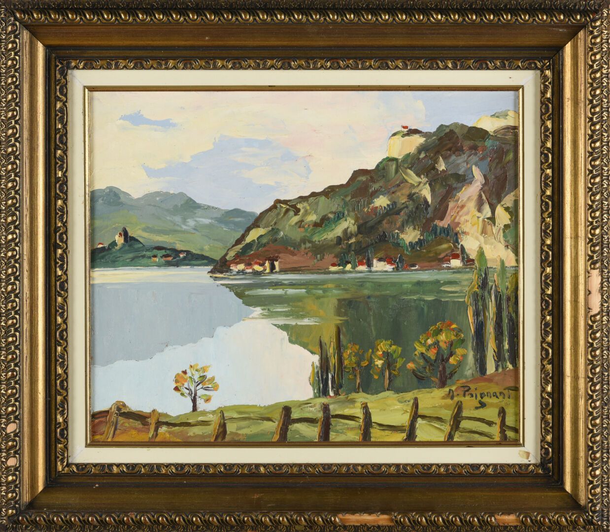 Null M. POIGNANT (20. Jahrhundert)
Landschaft am Ufer eines Sees 
Gouache auf ei&hellip;