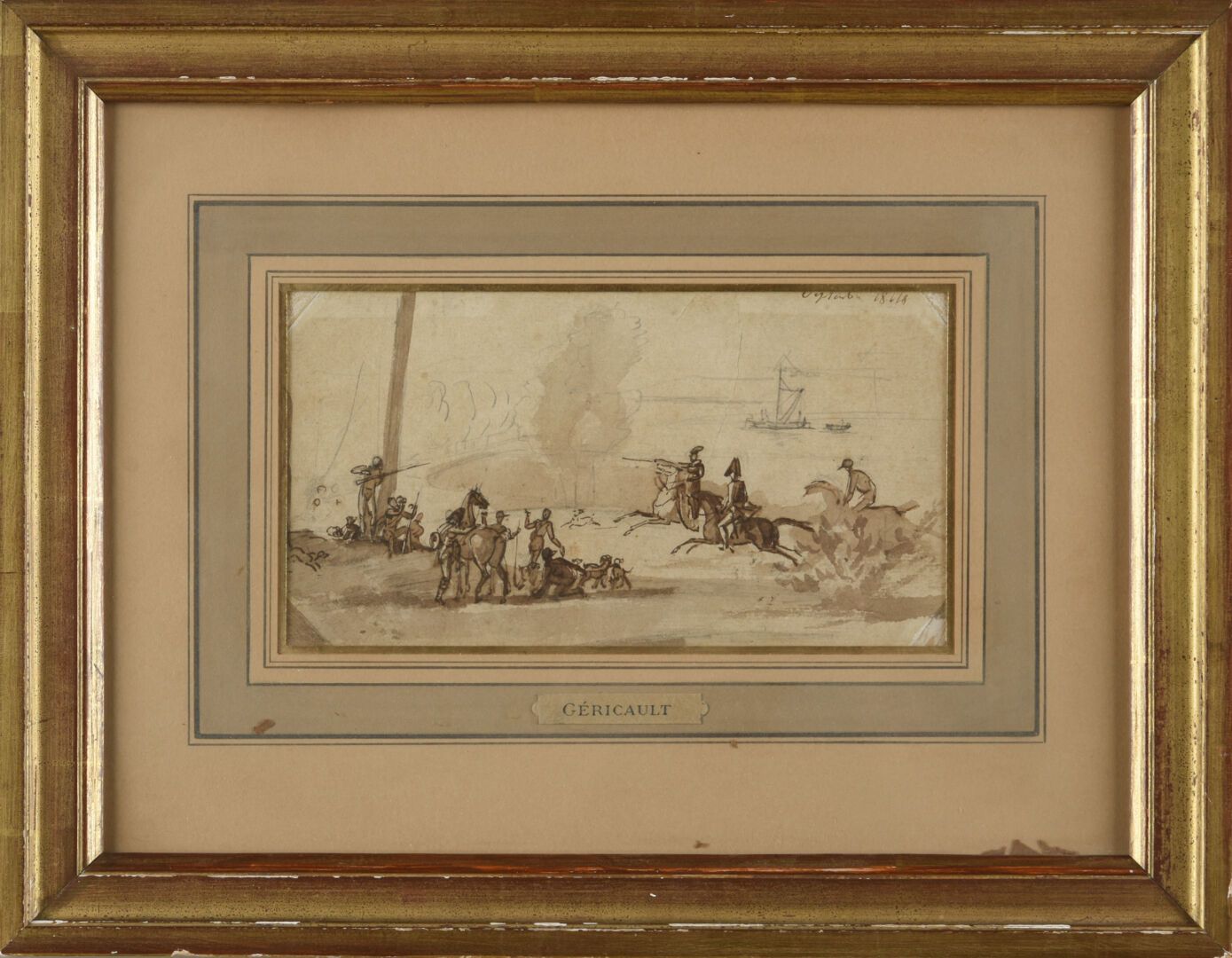 Null 归功于泰奥多尔-杰里科（Théodore GERICAULT）（1791-1824）。
有三个骑手和一个骑师的素描
日期为1822年9月。
纸上墨水和&hellip;