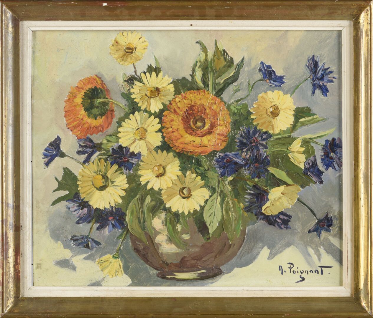 Null M. POIGNANT (20. Jh.)
Blumenstrauß 
Öl auf einer Tafel 
Signiert in der unt&hellip;