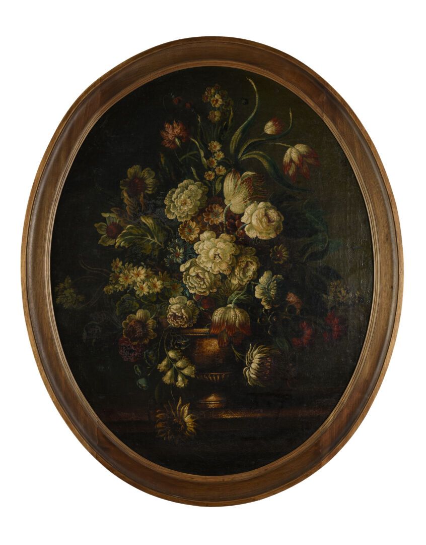 Null 法国学校 17世纪
夹板上的花束 
布面油画
椭圆形视图
100 x 80 cm