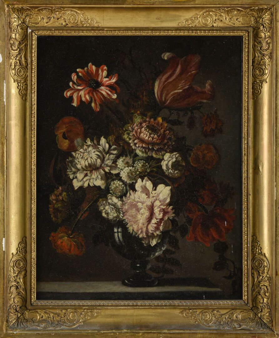 Null Ecole hollandaise 18ème siècle
Bouquet de fleurs dans un vase en verre 
hui&hellip;