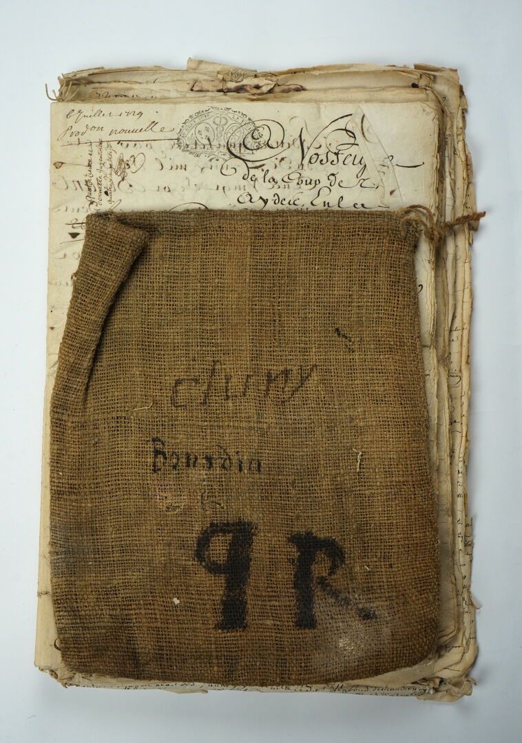 Null [手稿]《拉方德学者对拉莫尼翁总统的诉讼》。巴黎，1679-1729年，4开本，14捆手稿纸。 

这些文件被分类，并与原来装文件的袋子放在一个文件夹&hellip;