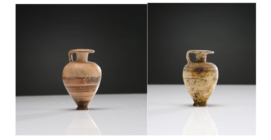 Null 一套两个尖底平唇的雅丽珠。它们都有带子装饰。
米色和粉红色的陶土。 
意大利-科林斯作坊，公元前6世纪
H.8和8.5厘米。
出处：M. B.的收藏（&hellip;