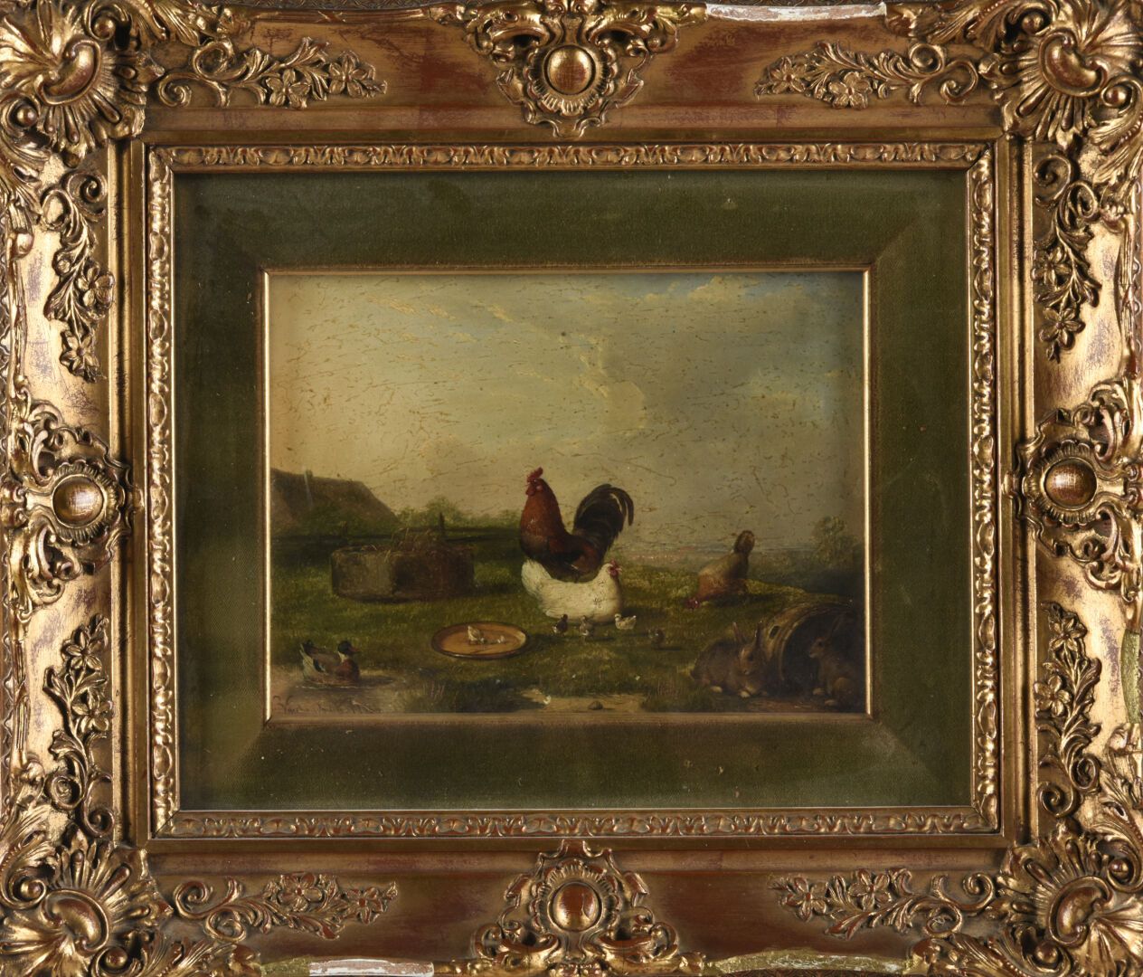 Null 弗朗索瓦-范-德维尔顿 (1848-1875)
有母鸡和兔子的谷仓 
板上油画，已签名，背面有标签
17 x 23 cm