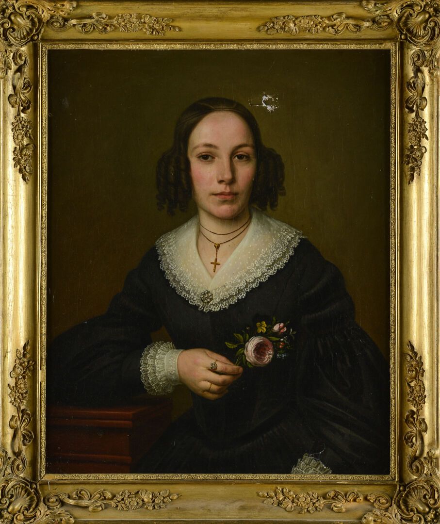 Null 法国学校 19世纪
一对肖像 一个男人的肖像和一个女人的肖像 
布面油画
59 x 72厘米
镀金灰泥框架 
事故中的女性画像