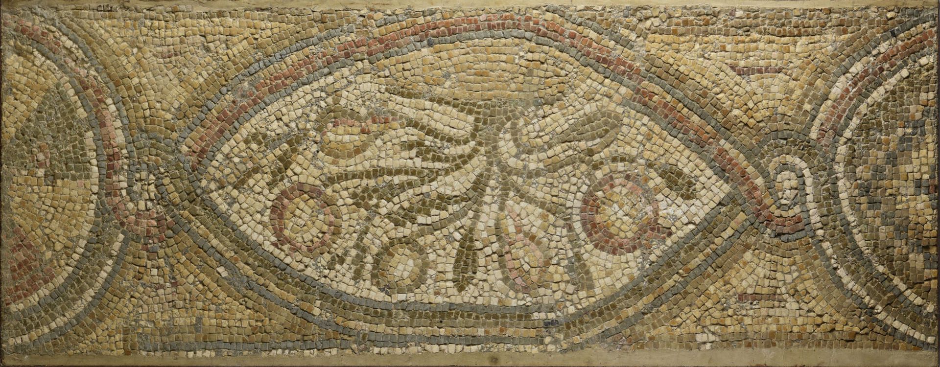 Null 重要的马赛克碎片，装饰着由三层网下的曼陀罗中保留的花朵楣。
罗马时期
57 x 145厘米
(安装在金属框架内)