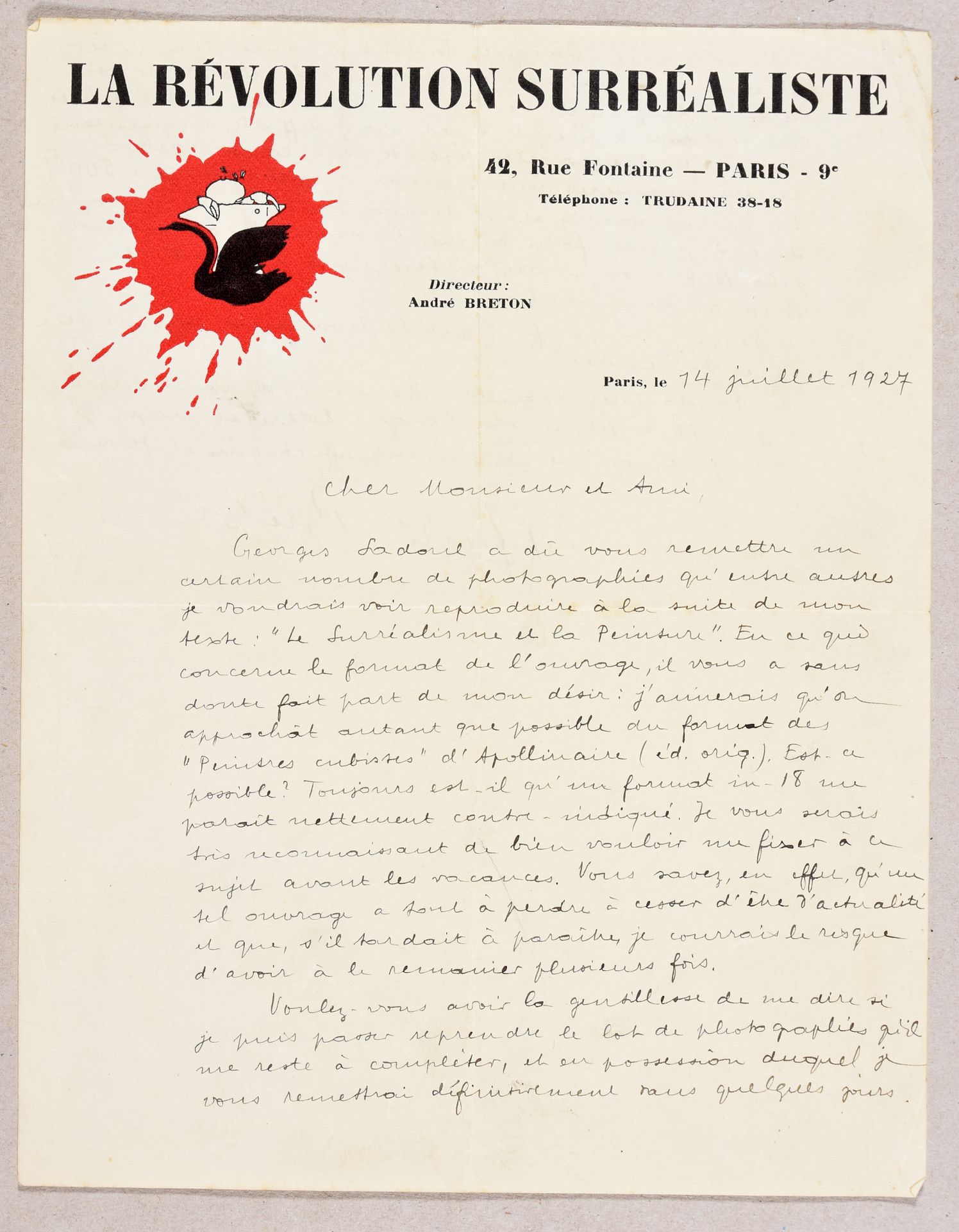 Null BRETON, André Lettre autographe signée, à un éditeur de la maison Gallimard&hellip;