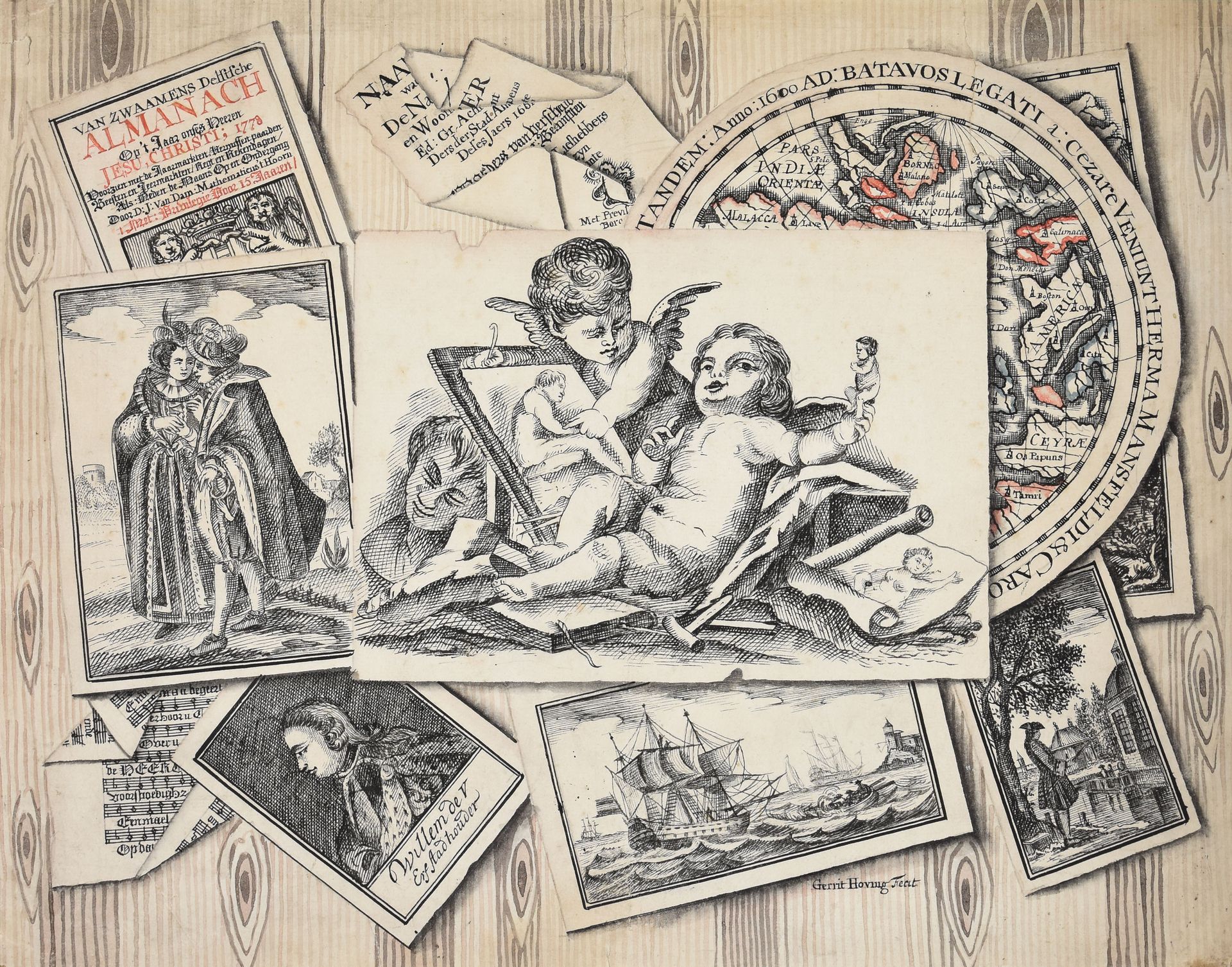 Hoving, Gerrit HOVING, Gerrit Trompe l'oeil with putti.代尔夫特1778年 素描，钢笔和红/黑墨水，水彩，&hellip;
