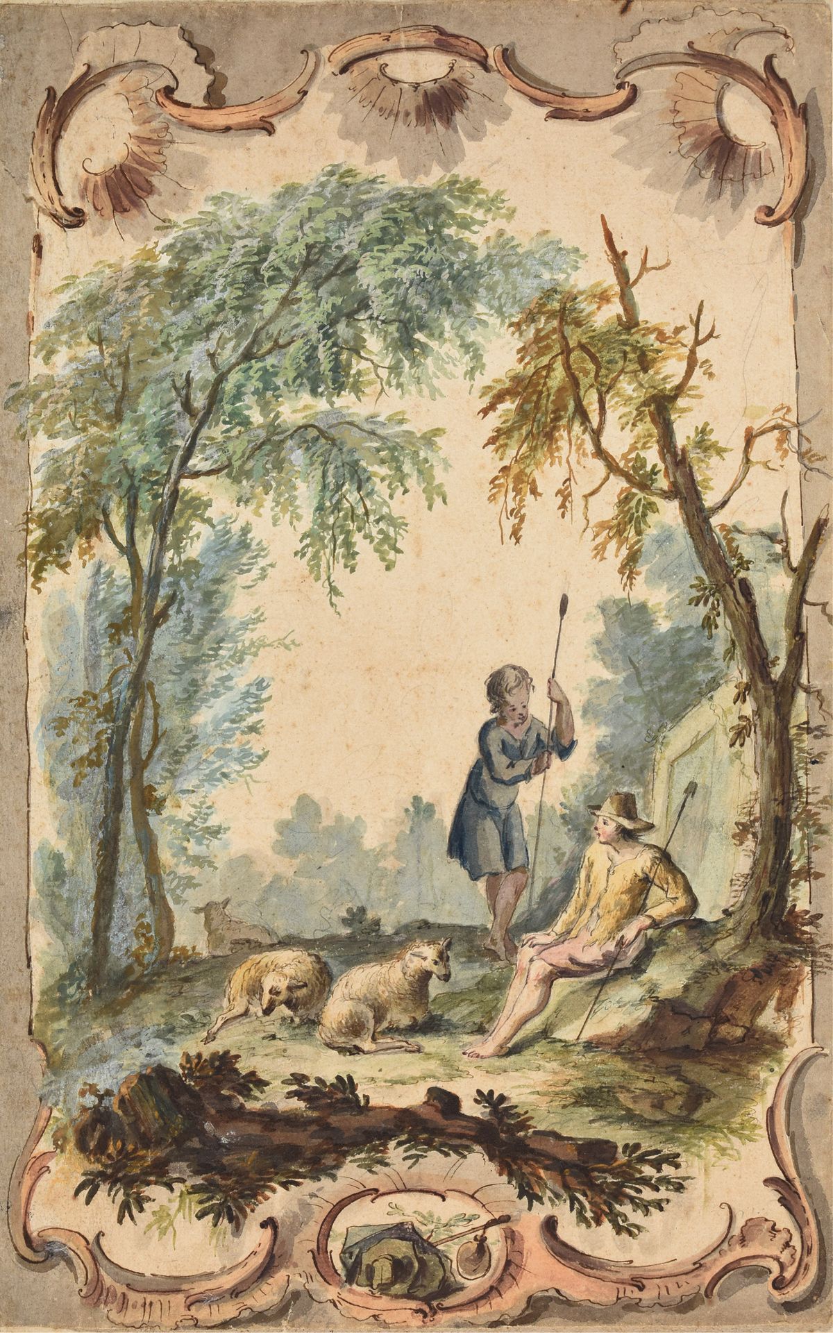 Null 1750-1790年 绘画，钢笔和棕色墨水，水彩，33 x 21厘米，铺纸，无签名。在passe-partout下。非常漂亮的洛可可设计图，图中有两个&hellip;
