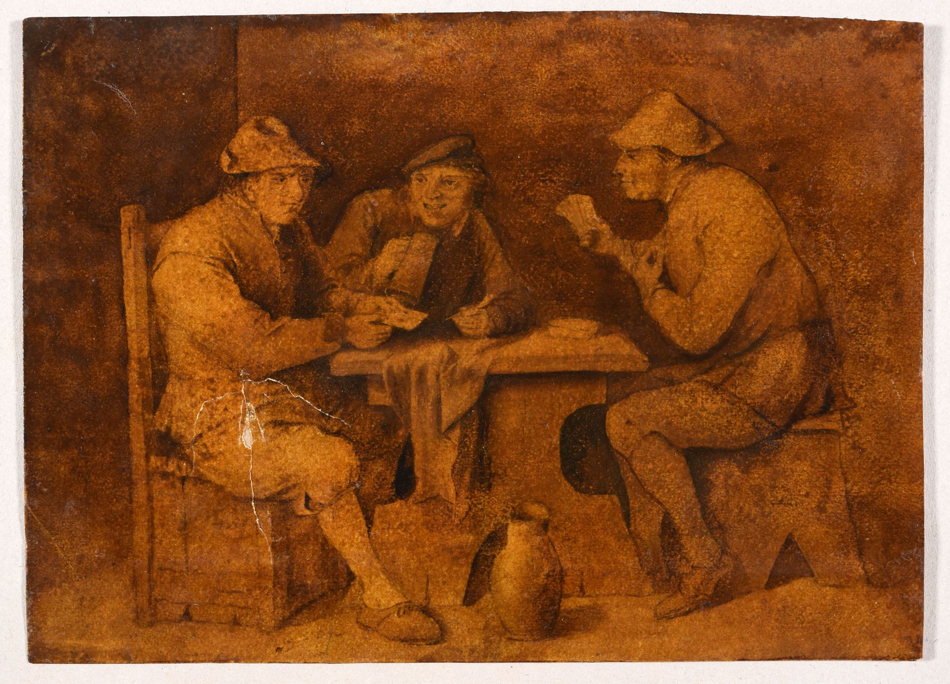 Brouwer, Adriaan 布鲁瓦的方式，阿德里亚恩 耍牌者。19世纪 绘画，钢笔和黑墨水，深褐色水洗，有清漆，25,5 x 35,2厘米，铺纸，无签名（&hellip;