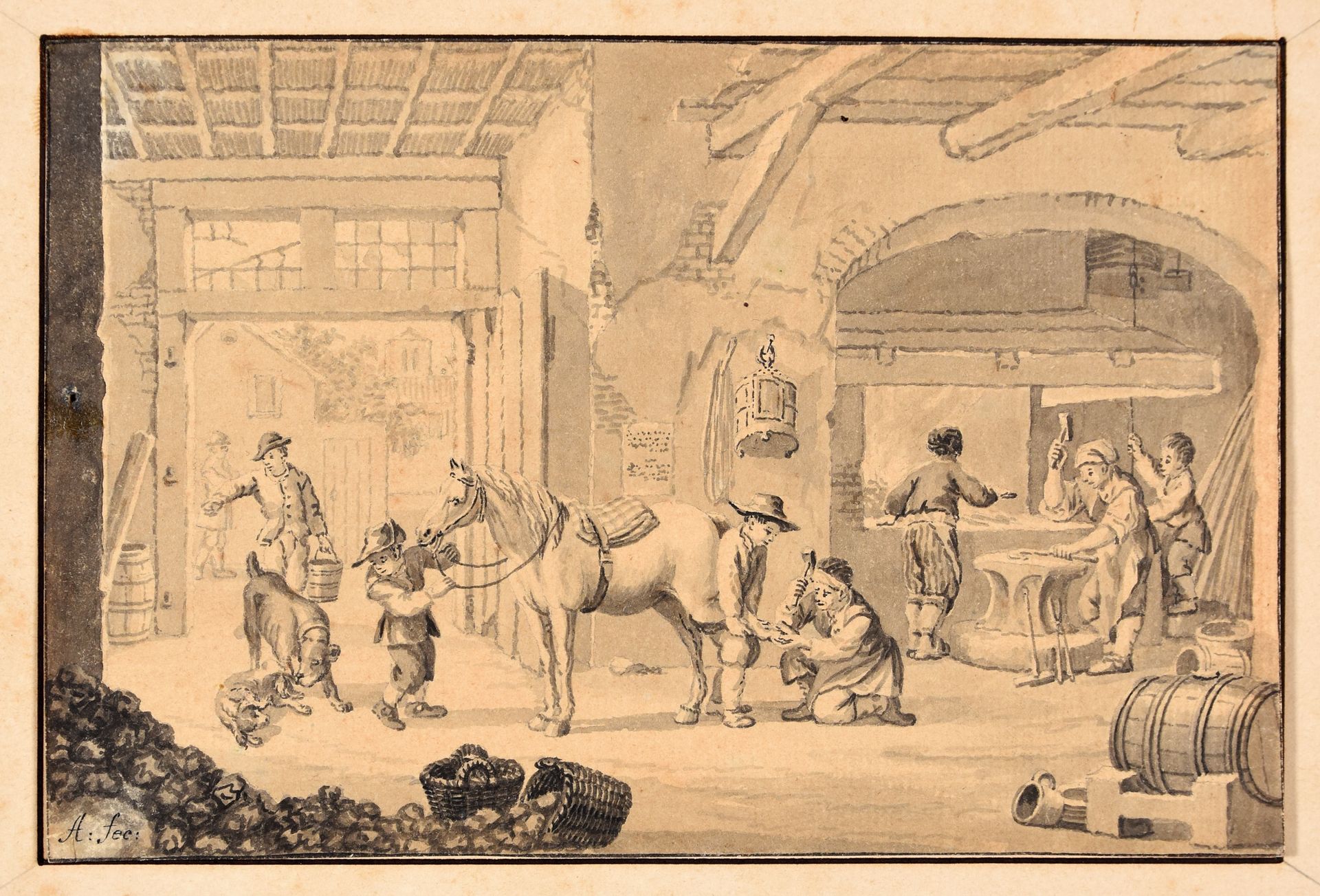Null Ein Pferdeschmied. Ca. 1750-1800 Zeichnung, Feder und schwarze Tinte, grau &hellip;