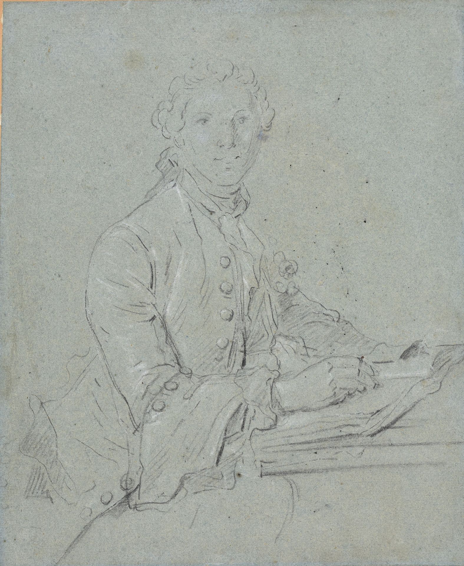 Null 一个正在阅读的年轻男子的肖像。法国 ca.1730-1780年 素描，黑白粉笔，19,5 x 24,5厘米，蓝色预备纸，无签名（铺在棕色纸上，纸上有微&hellip;
