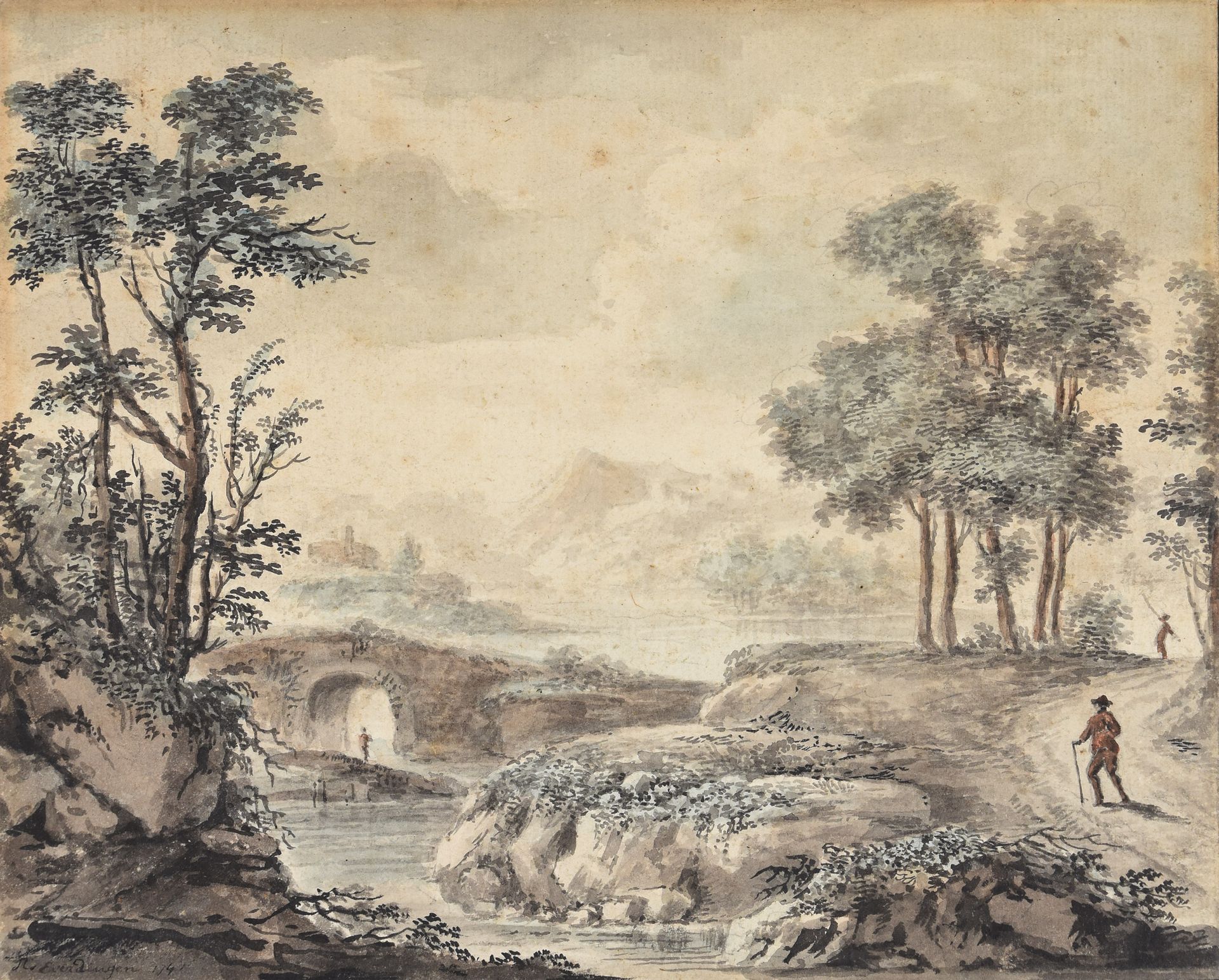 Everdingen, M. EVERDINGEN, M. Flusslandschaft. 1741 Zeichnung, Aquarell über Ble&hellip;