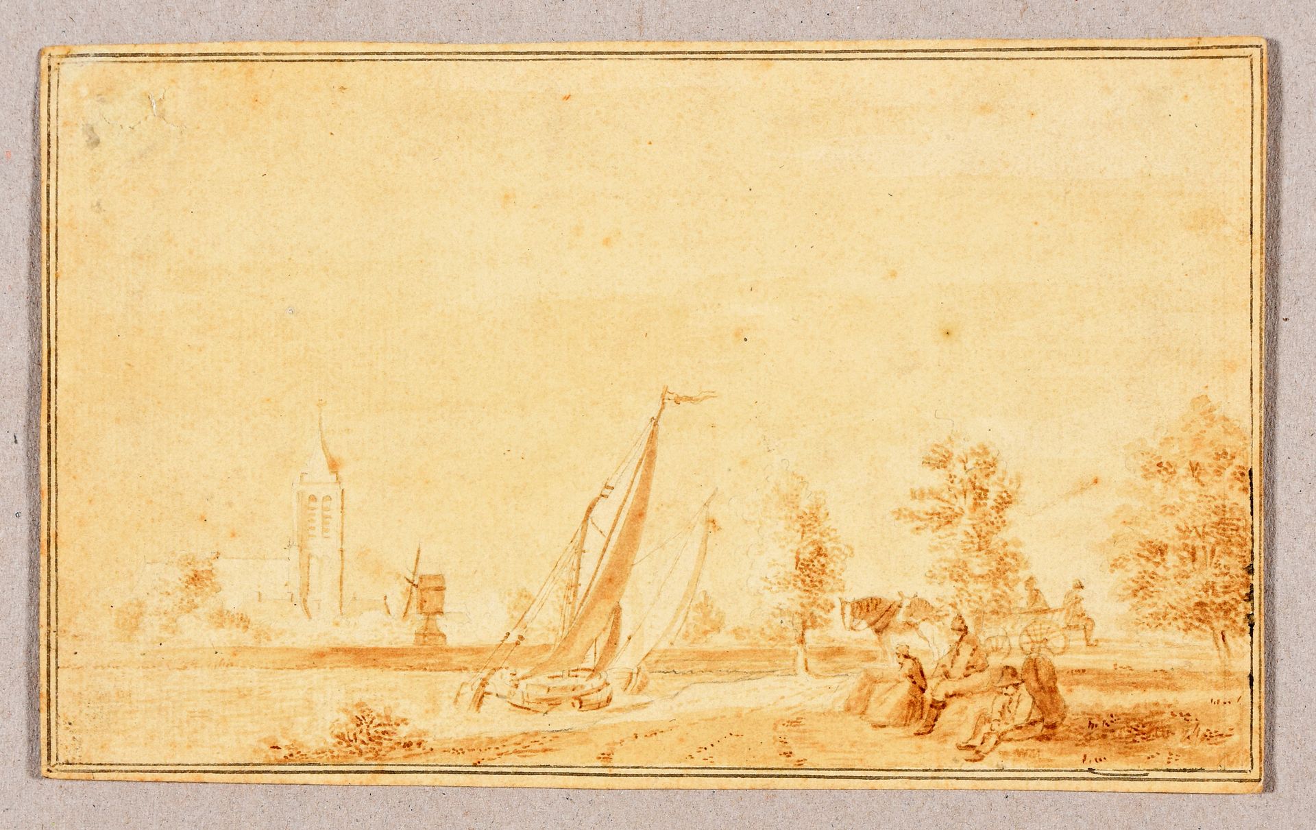 Della Bella, Stefano 河流景观，左边是帆船和教堂。18世纪 素描，毛笔和棕色水洗，钢笔和灰色墨水的框架线，13 x 21,5厘米，铺纸，没有&hellip;
