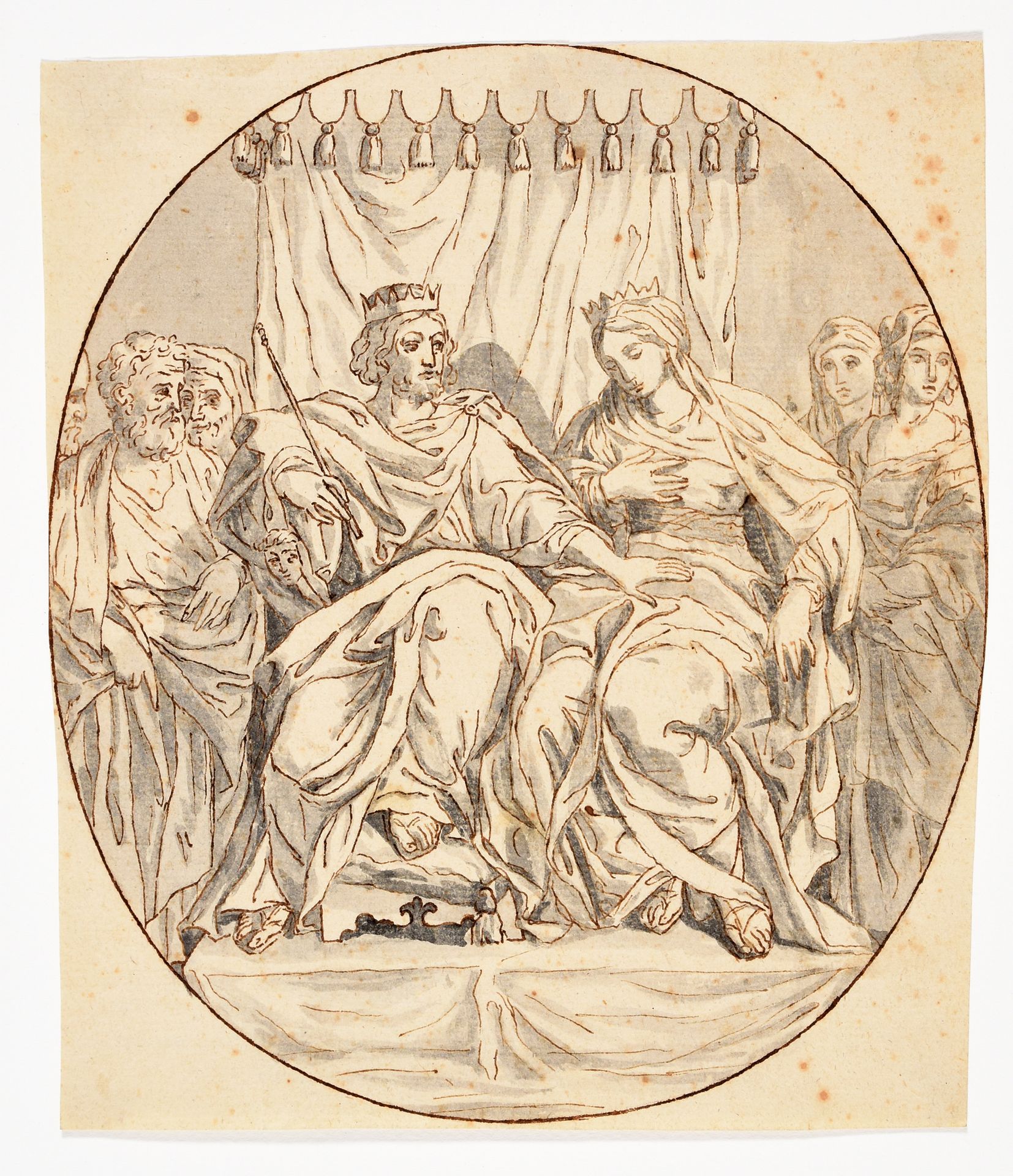 Brizio, Francesco 萨洛蒙和示巴女王。18世纪 绘画，钢笔和棕色墨水，灰色水洗，21,5 x 18,7厘米，带水印的铺纸（Pioraco），未署&hellip;