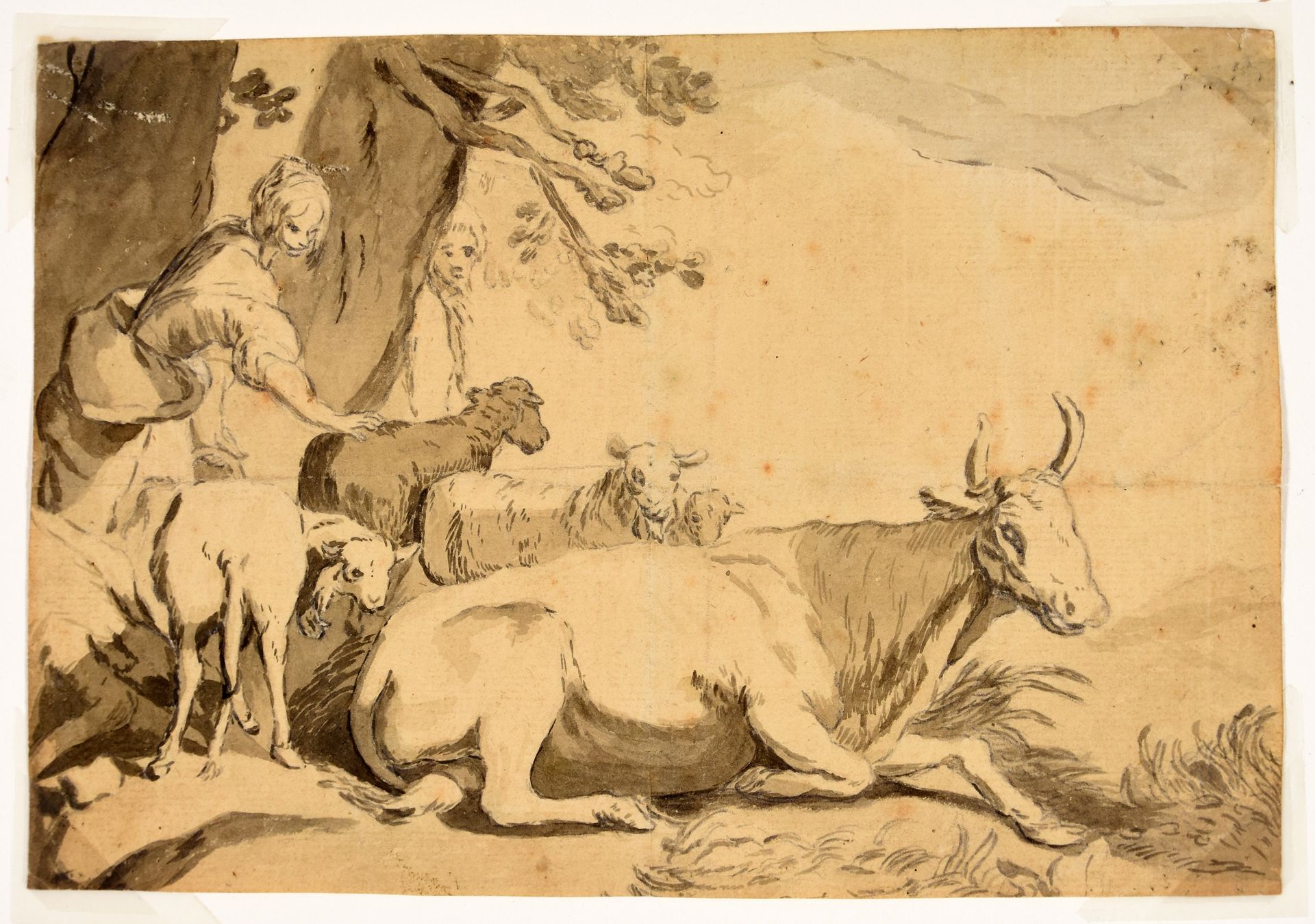 Dujardin, Karel DUJARDIN, Karel (manner of) Shepherdess with a cow.17世纪 绘画，钢笔和棕色&hellip;