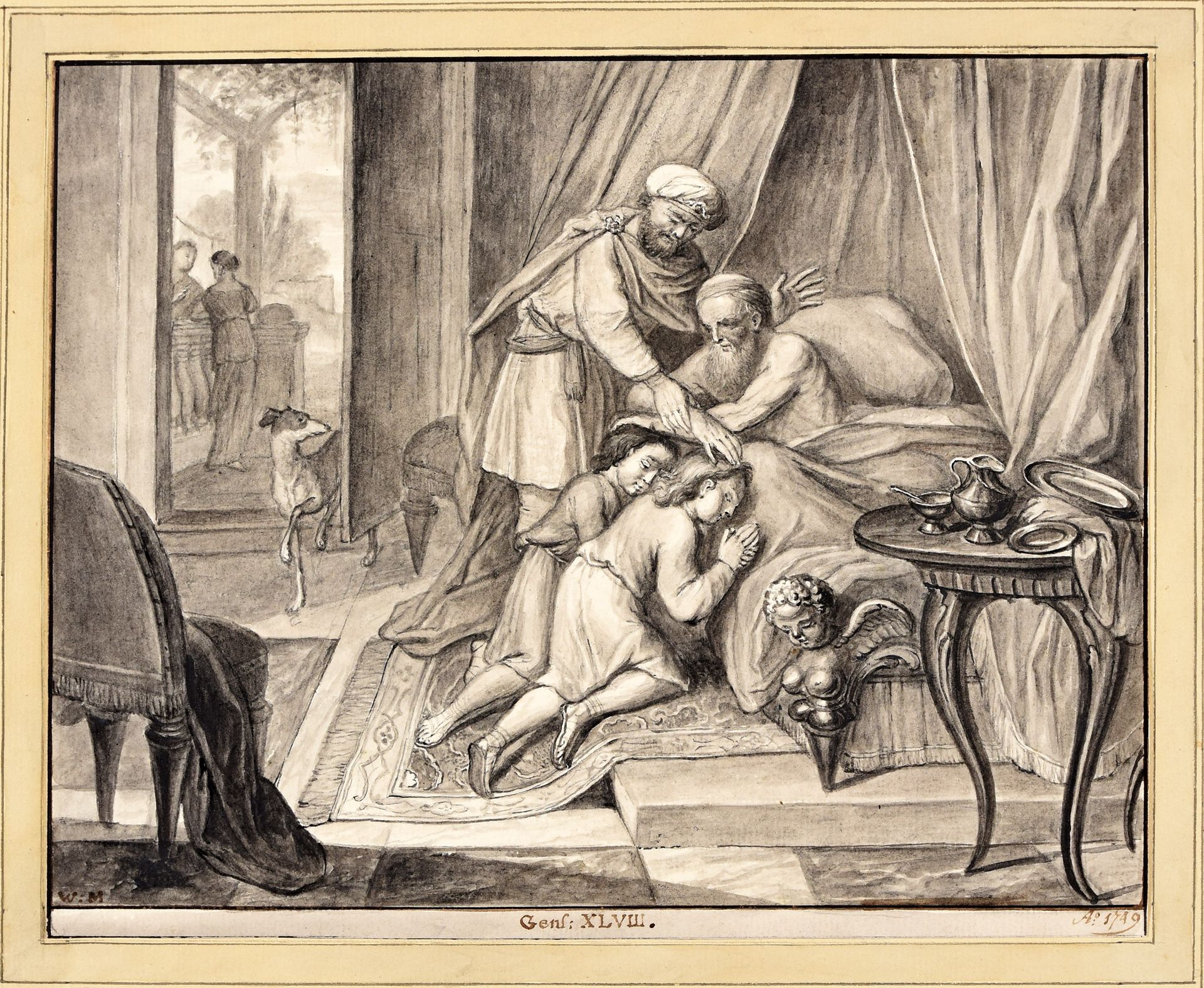 Muys, Willem 缪斯，威廉-雅各布为他的儿子以法莲和玛拿西祝福。鹿特丹 1749 素描，灰白色水洗，18,5 x 23,7 cm，铺纸，左下角有签名 &hellip;
