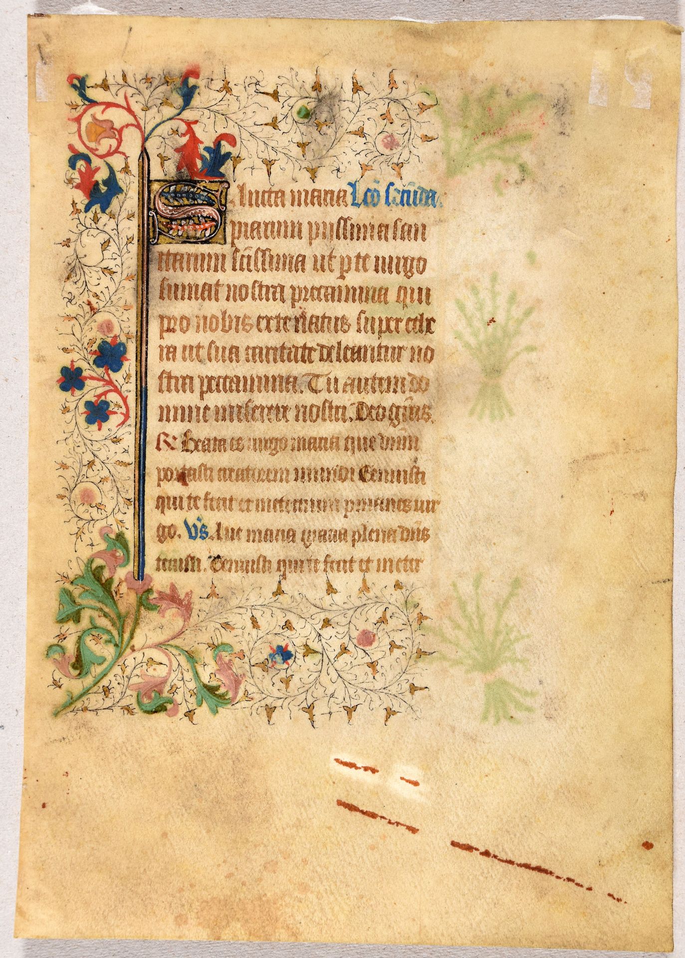 Null 一本带照明的小时书的叶子。[法国约1450年] 1页。(22 x 15,5 cm)，羊皮纸上，拉丁文，13页，以棕色哥特式手写，书写面积：9,5 x &hellip;