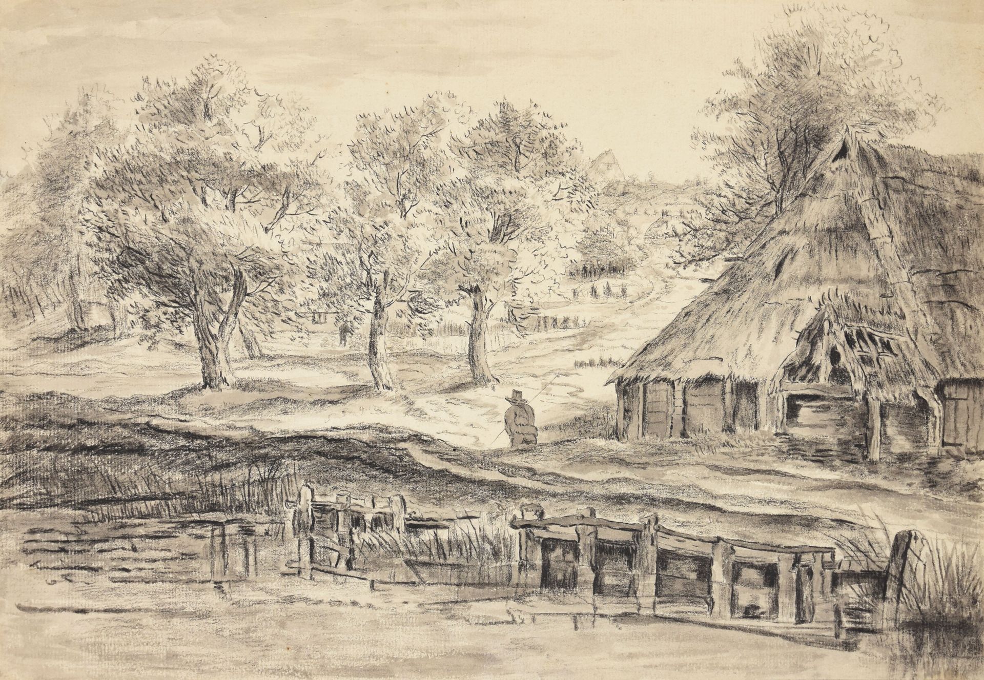 Cootwyck, Julian 河流景观。18世纪 绘画，黑白粉笔，灰色和白色水洗，25 x 36,2厘米，带水印（罗马数字IV）的铜版纸，无签名（背面有旧胶&hellip;