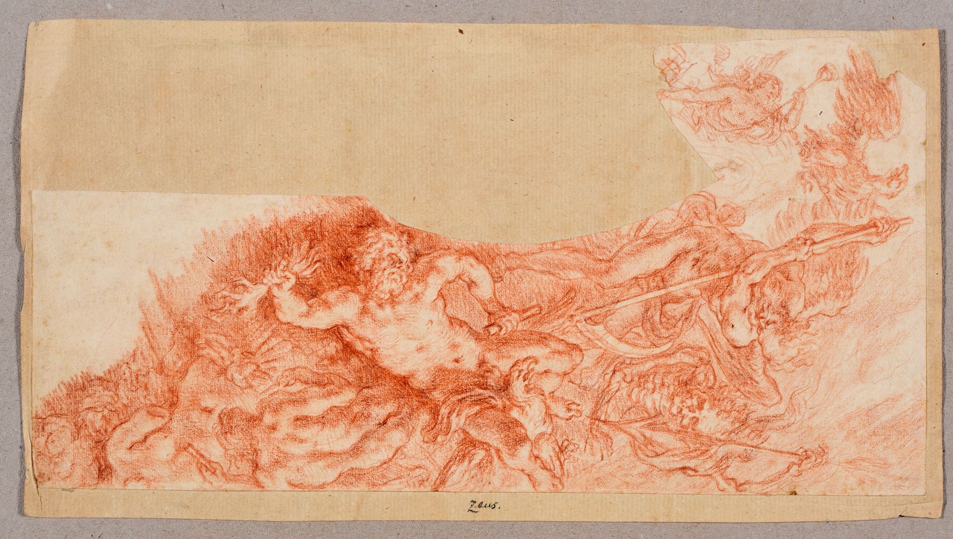 Null 木星和冥王星之间的战斗。18世纪 绘画，红色粉笔，31,4 x 16厘米，铺纸，无签名（铺纸，左边部分被切断）。奥林匹亚诸神之间的战斗。