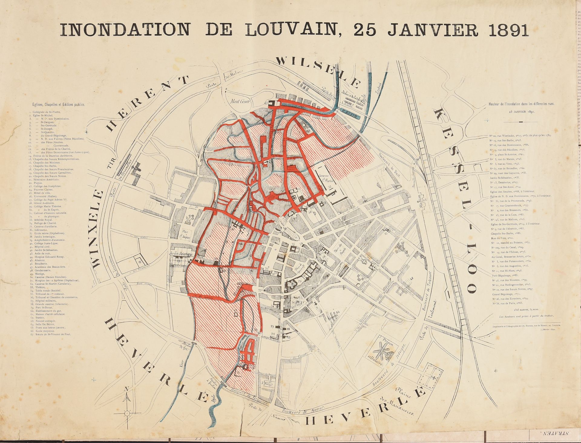 Null 2个罕见的计划。1. 1891年1月25日在鲁汶的洪水。Leuven, Ch. Peeters, 1891.罕见的石板，部分彩色，46,5 x 62厘&hellip;