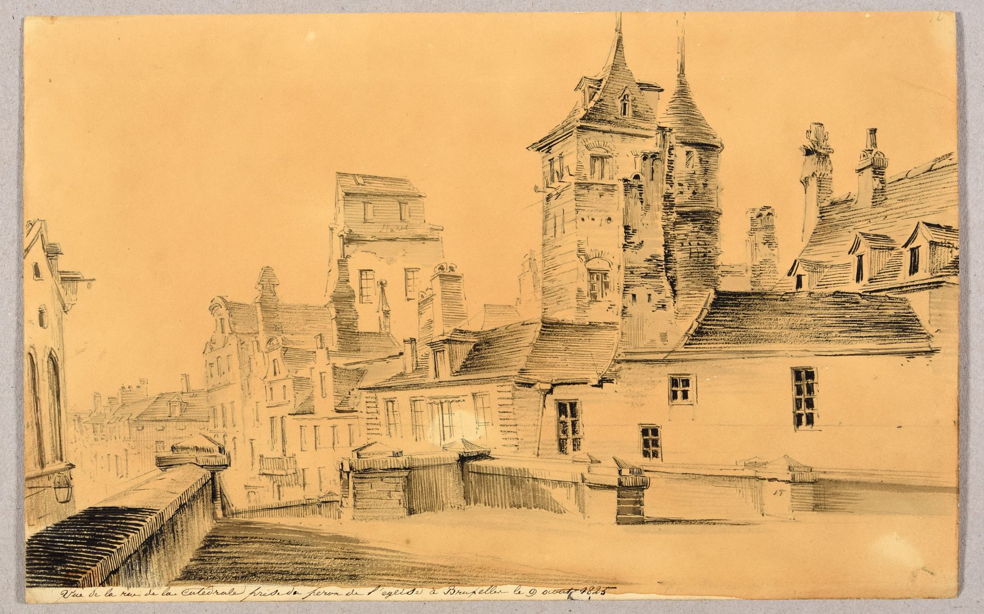 Null 布鲁塞尔和列日的景色。1825年 2幅画，钢笔和黑墨水，灰色水洗，铅笔的痕迹，20,5 x 32,5厘米，天鹅绒纸，无签名（布鲁塞尔的纸张略带色调）。&hellip;